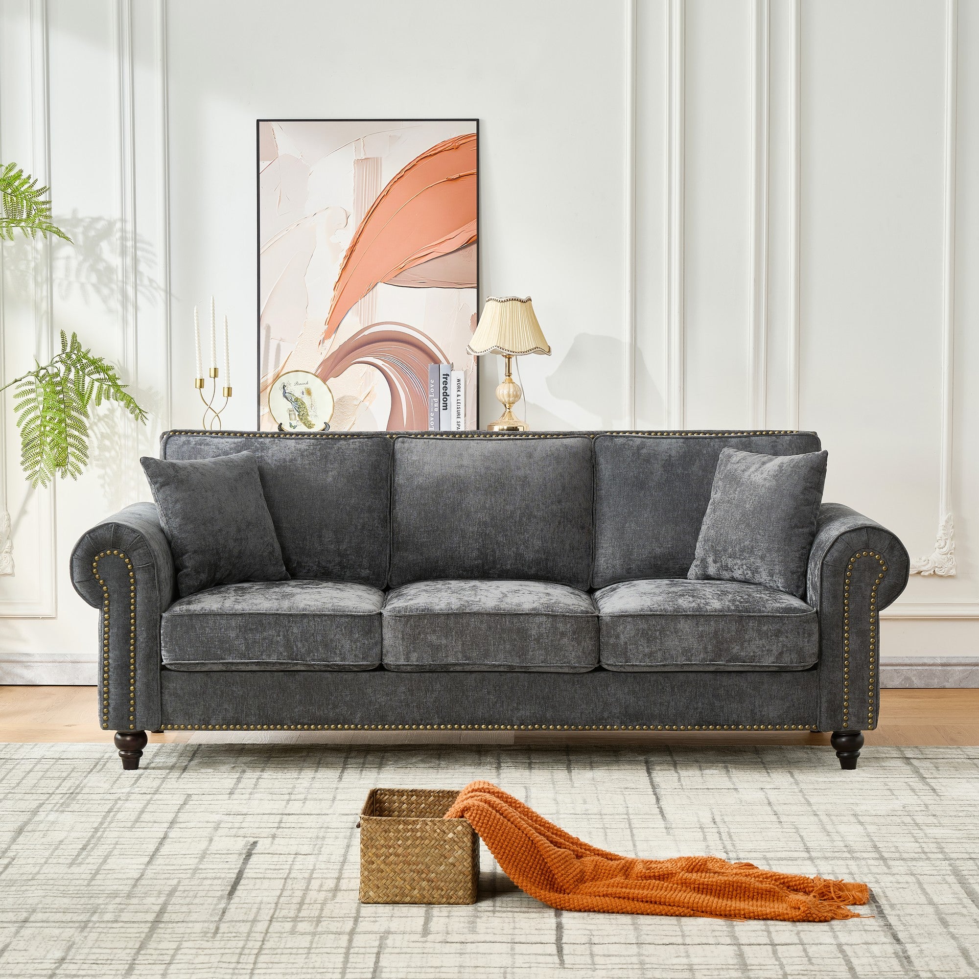 Modern 86" 3-Seater Sofa with Tufted Upholstery, Rolled Arms, and Nailhead Trim