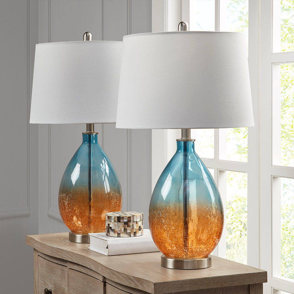 Glass Table Lamp with Drum-Shaped Shade, Set of 2