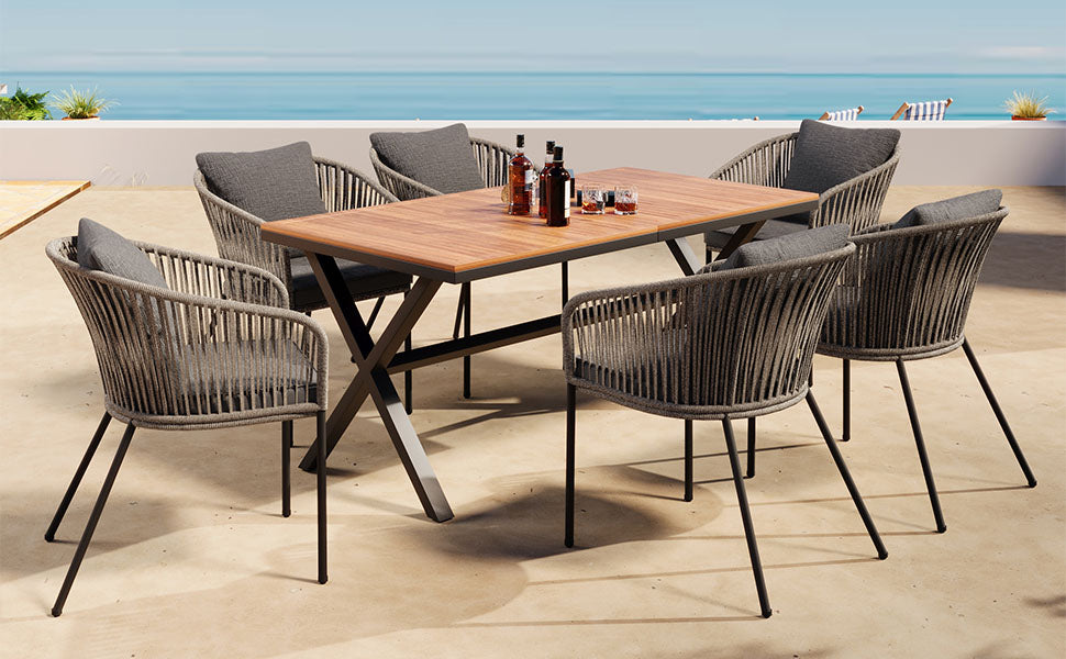 Exalted 7-Piece Outdoor Dining Set with Curved Back Chair and Rectangle Table
