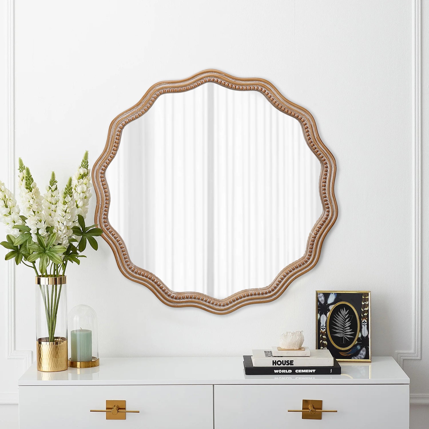 Round Wood Wavy Scalloped Wall Mirror