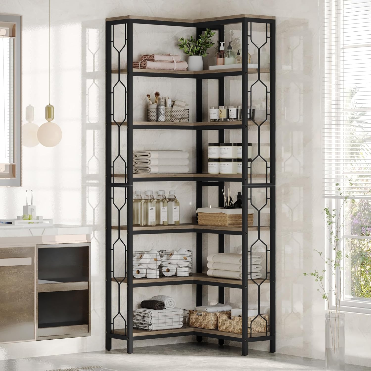 7-Tier Industrial Corner Bookshelf with Metal Frame