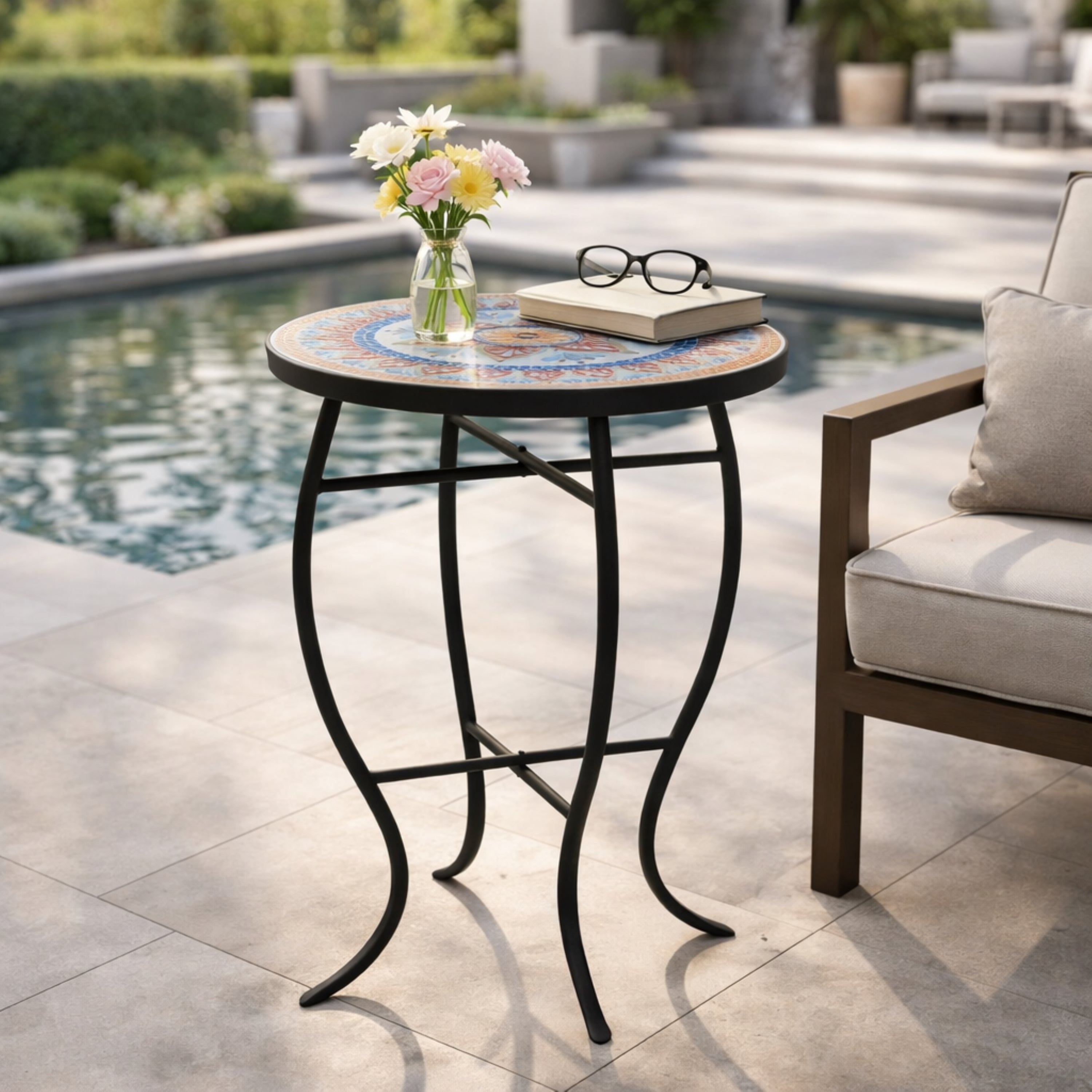 Outdoor Round Side Table with Mosaic-Style Top and Curved Iron Legs - Multi-color