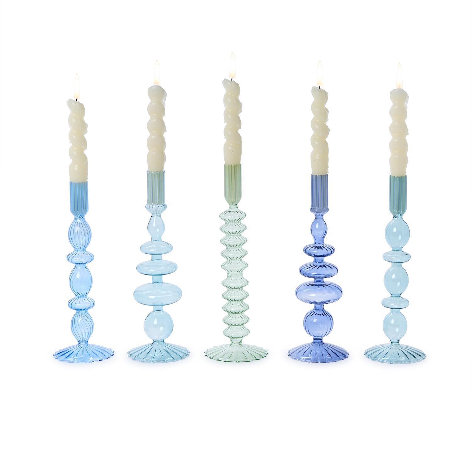 Shades of Blue Hand-Blown Glass Taper Candlestick Candleholders, Set of 5