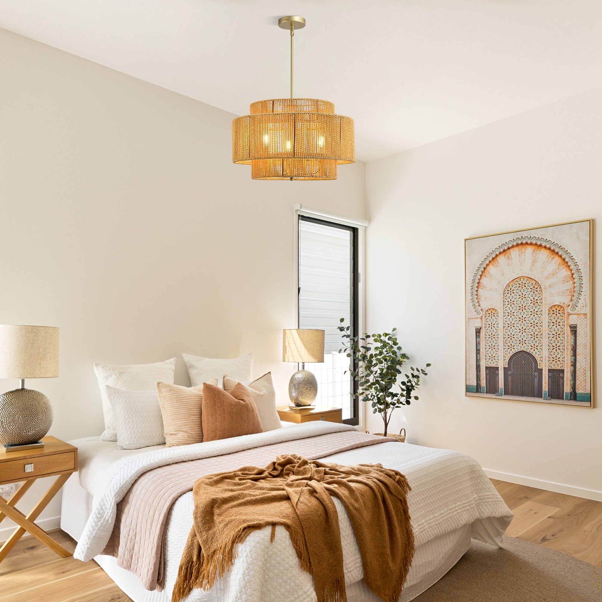 Boho Rattan Chandelier, 3-Light