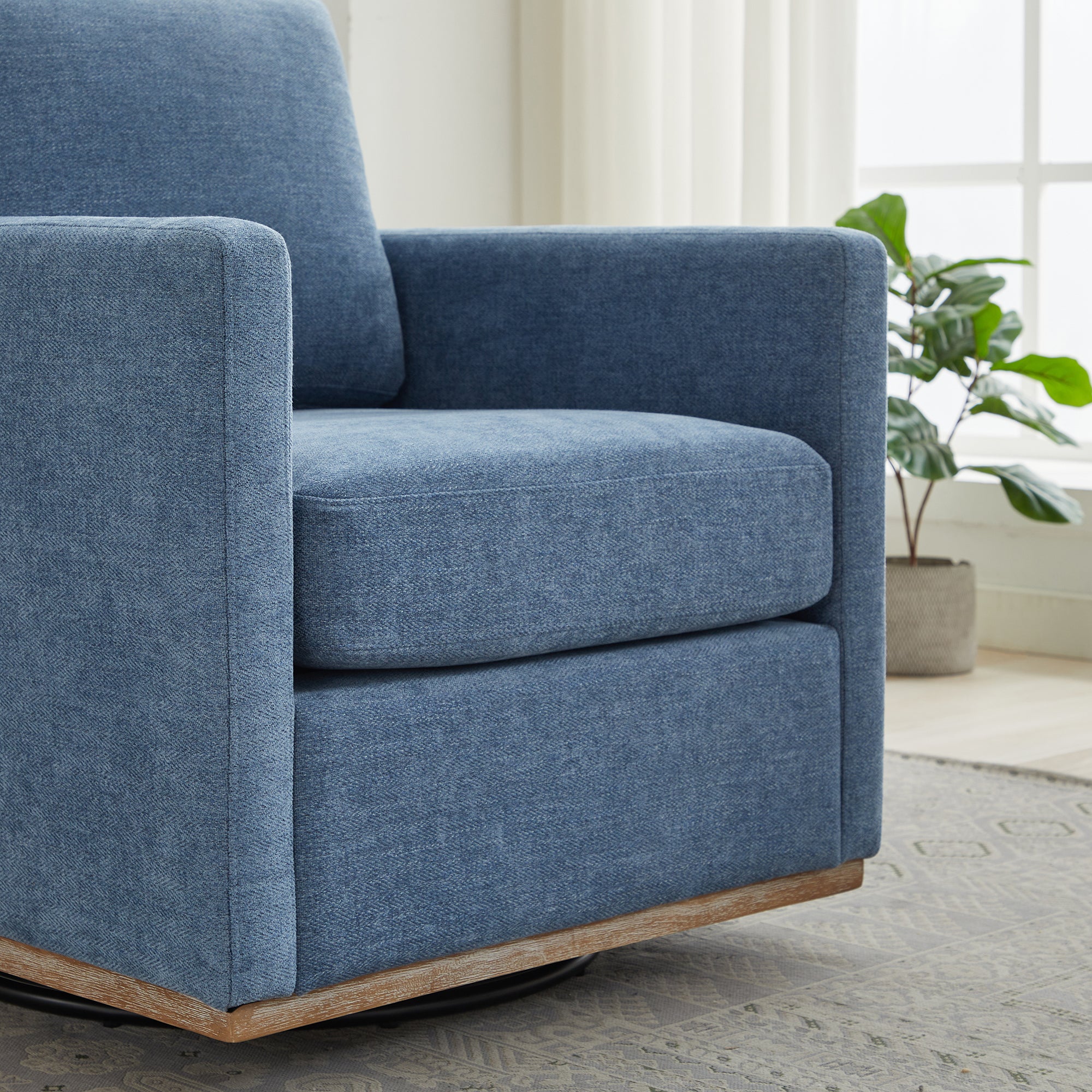 Upholstered Swivel Chair with Square Arms and Metal Base