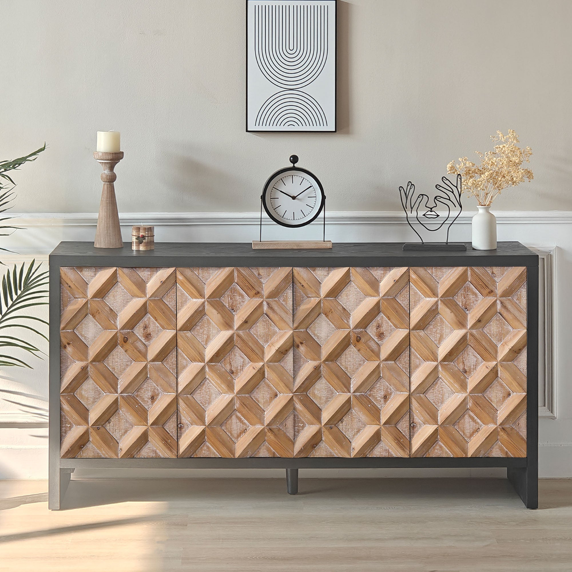 4-Door Wood Cabinet with Geometric Pattern