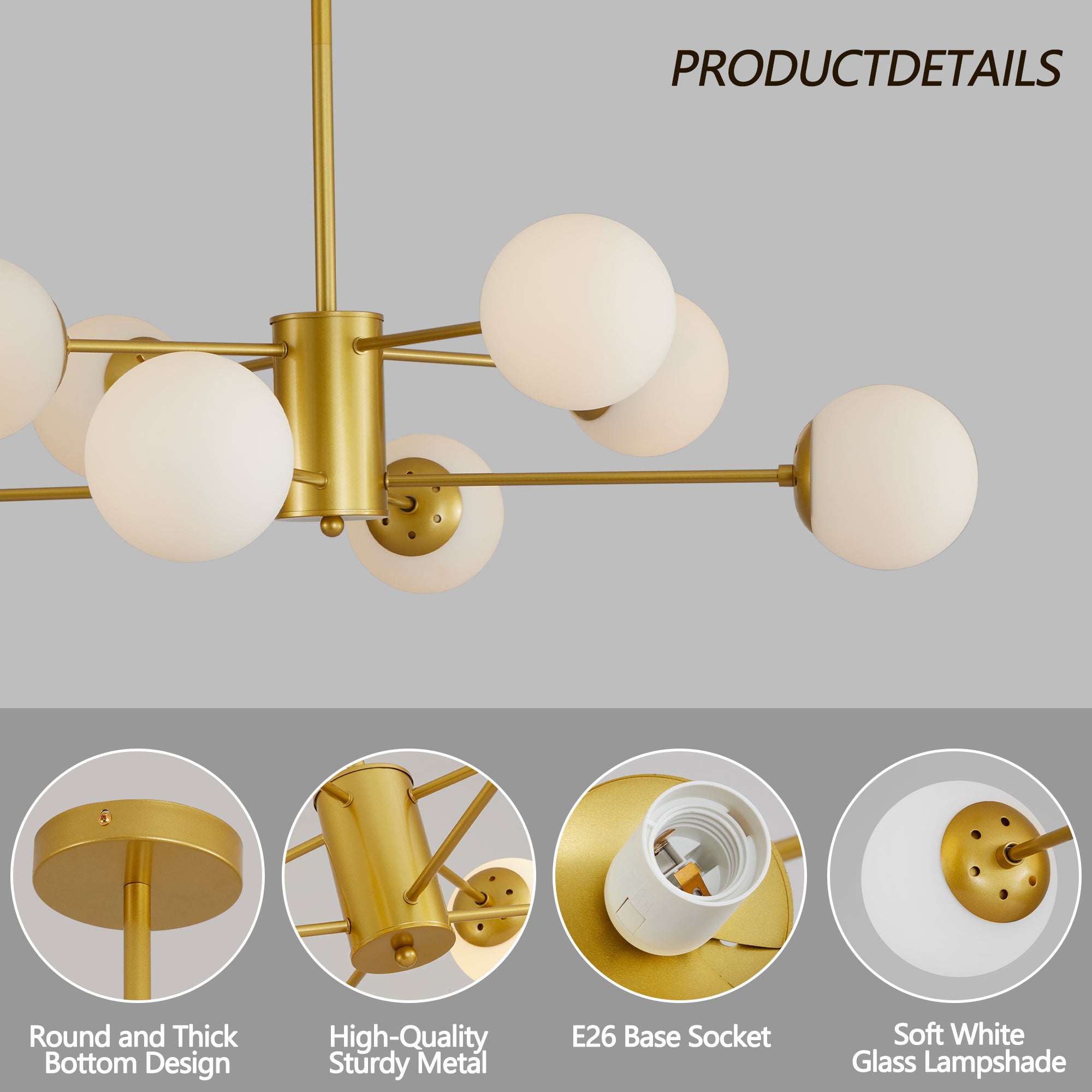 35" 8-Light Chandelier with White Glass Globe Shades