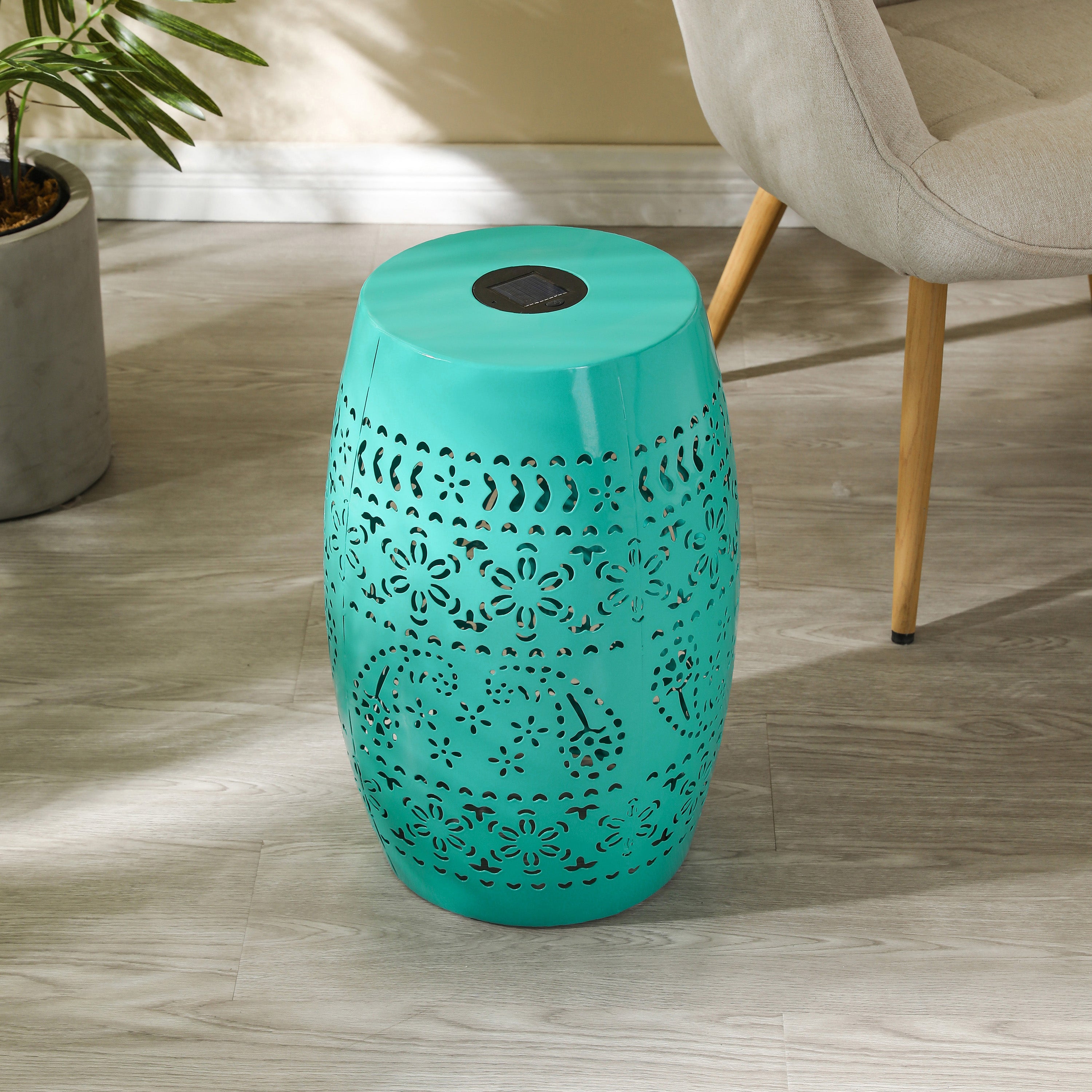 Sunhaven Punched Metal Solar Side Table with Built-in Solar Battery