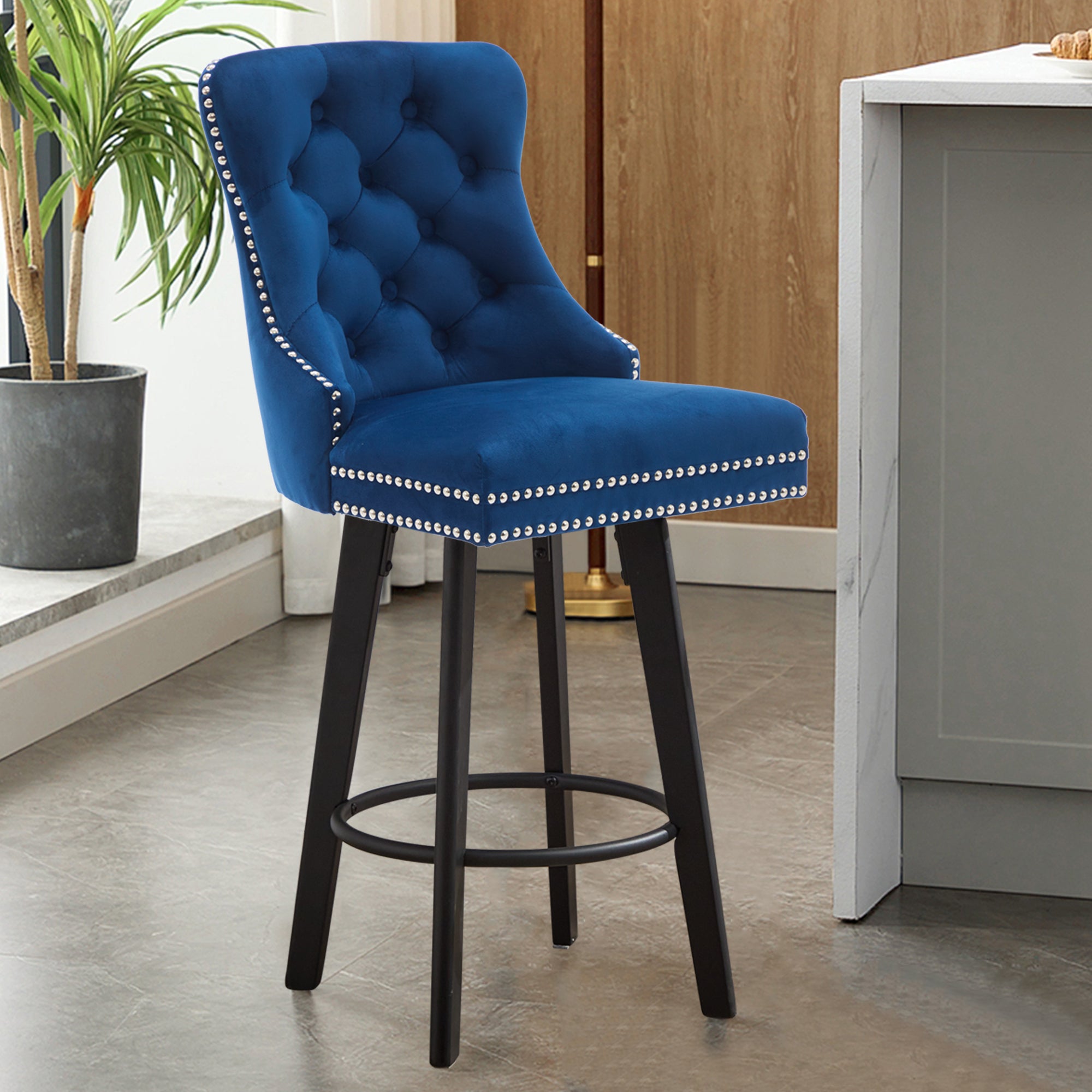 Modern Velvet Button Tufted Swivel Bar Stool with Metal Pull Ring