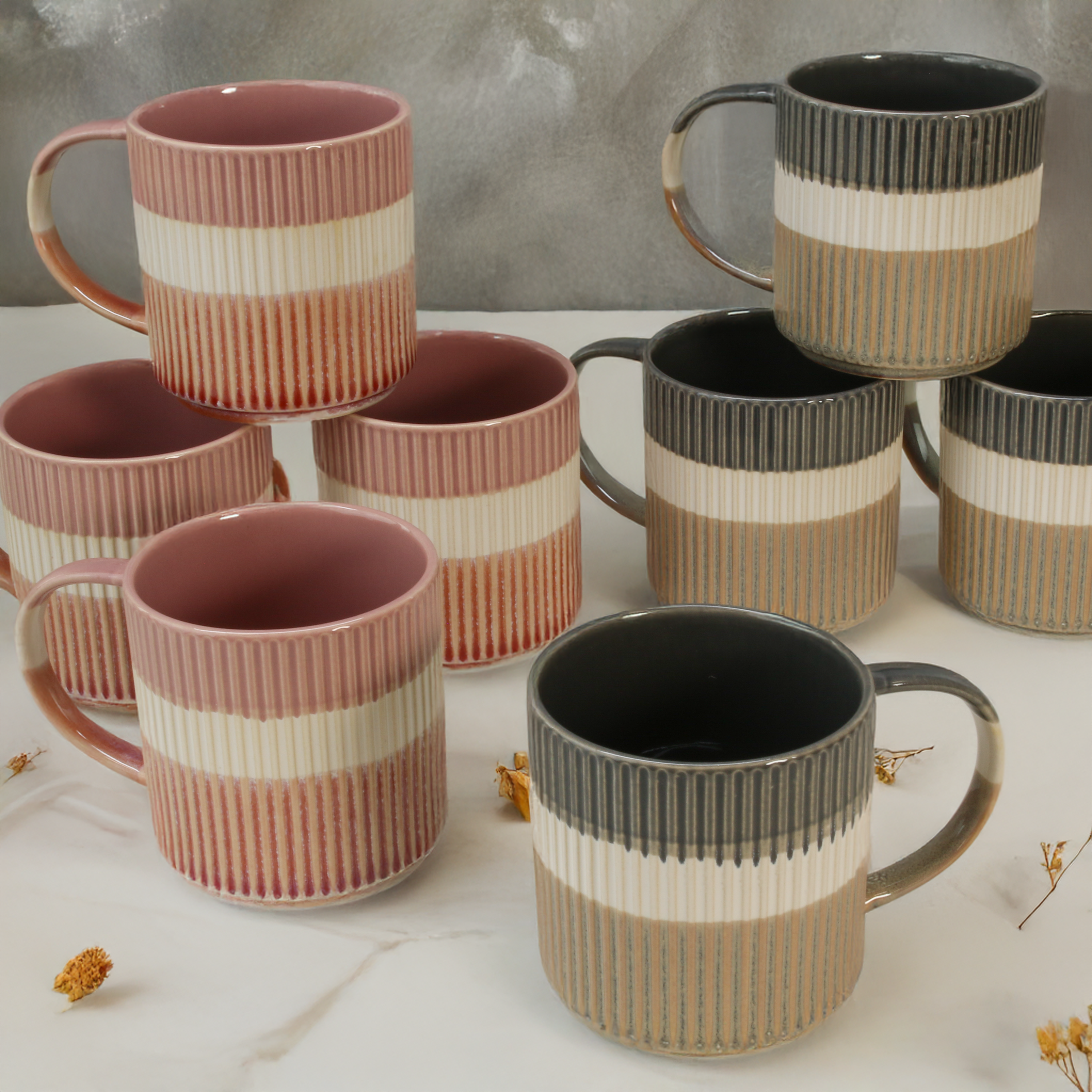 Tri-Color Mugs, Set of 8