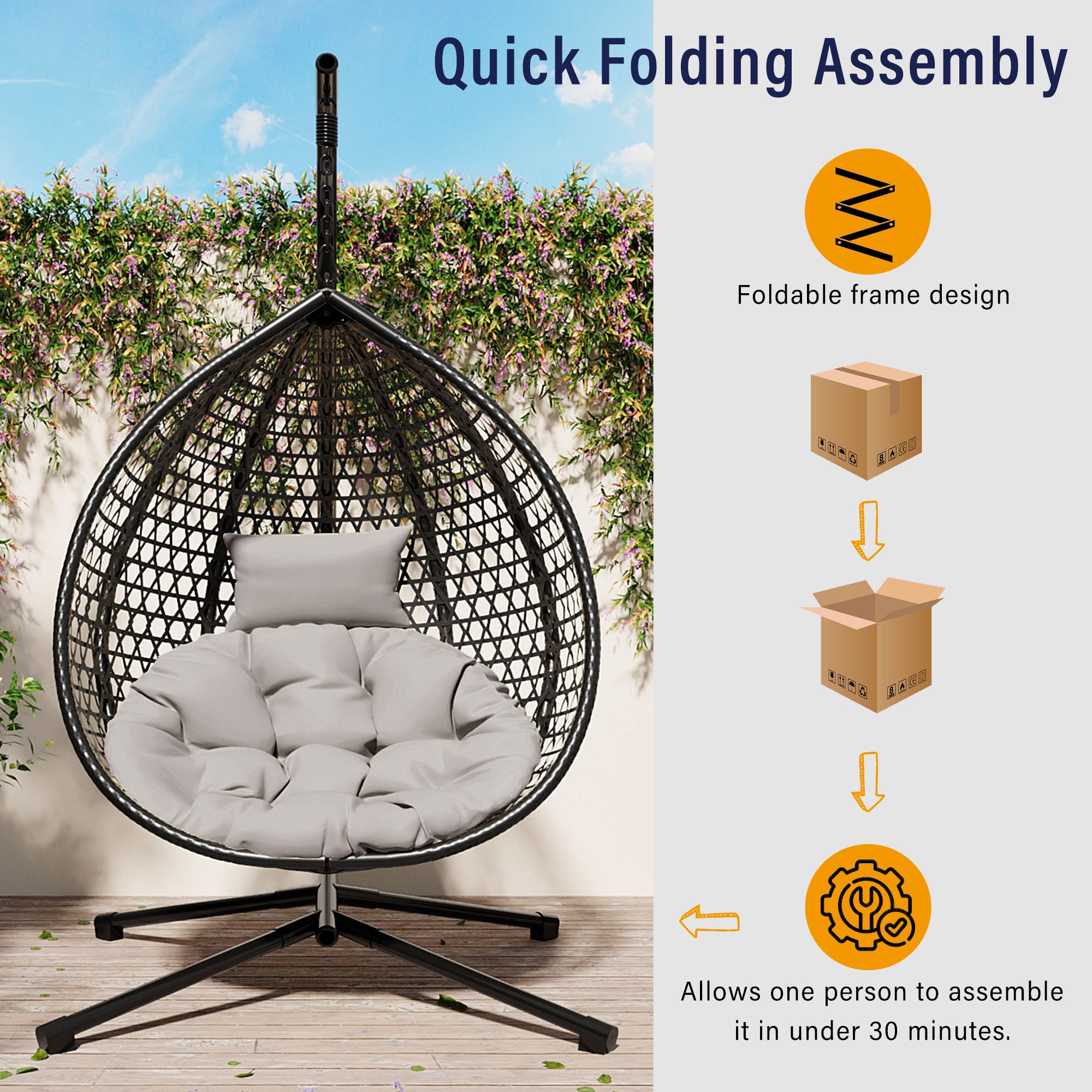 Hanging Swinging Egg Chair with Rattan Weaving, Base Included