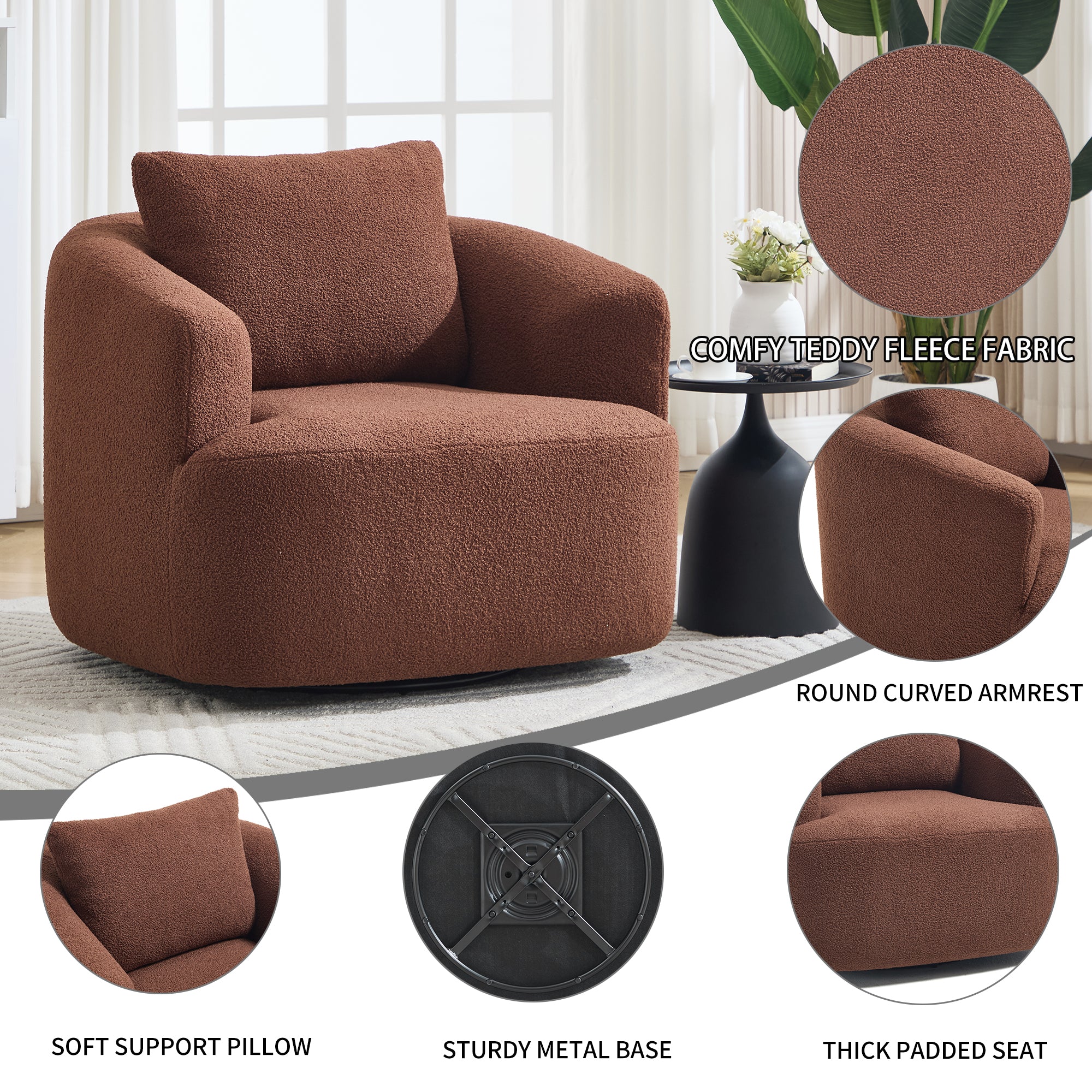Teddy Fleece 360° Swivel Round Upholstered Comfy Accent Chair With Pillow