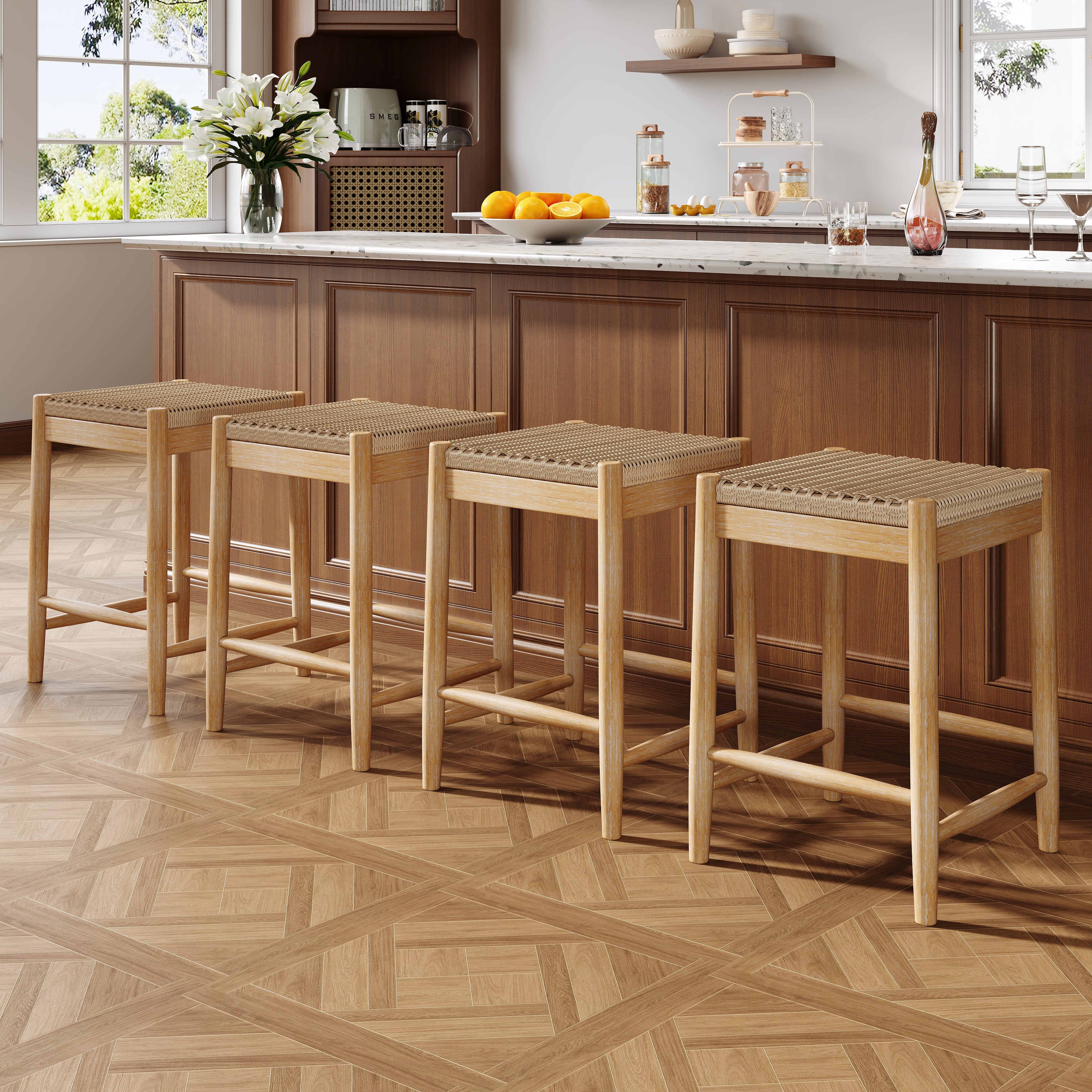 25.8" Boho Wicker Backless Stool Chairs with Acacia Wood Legs, Set of 2