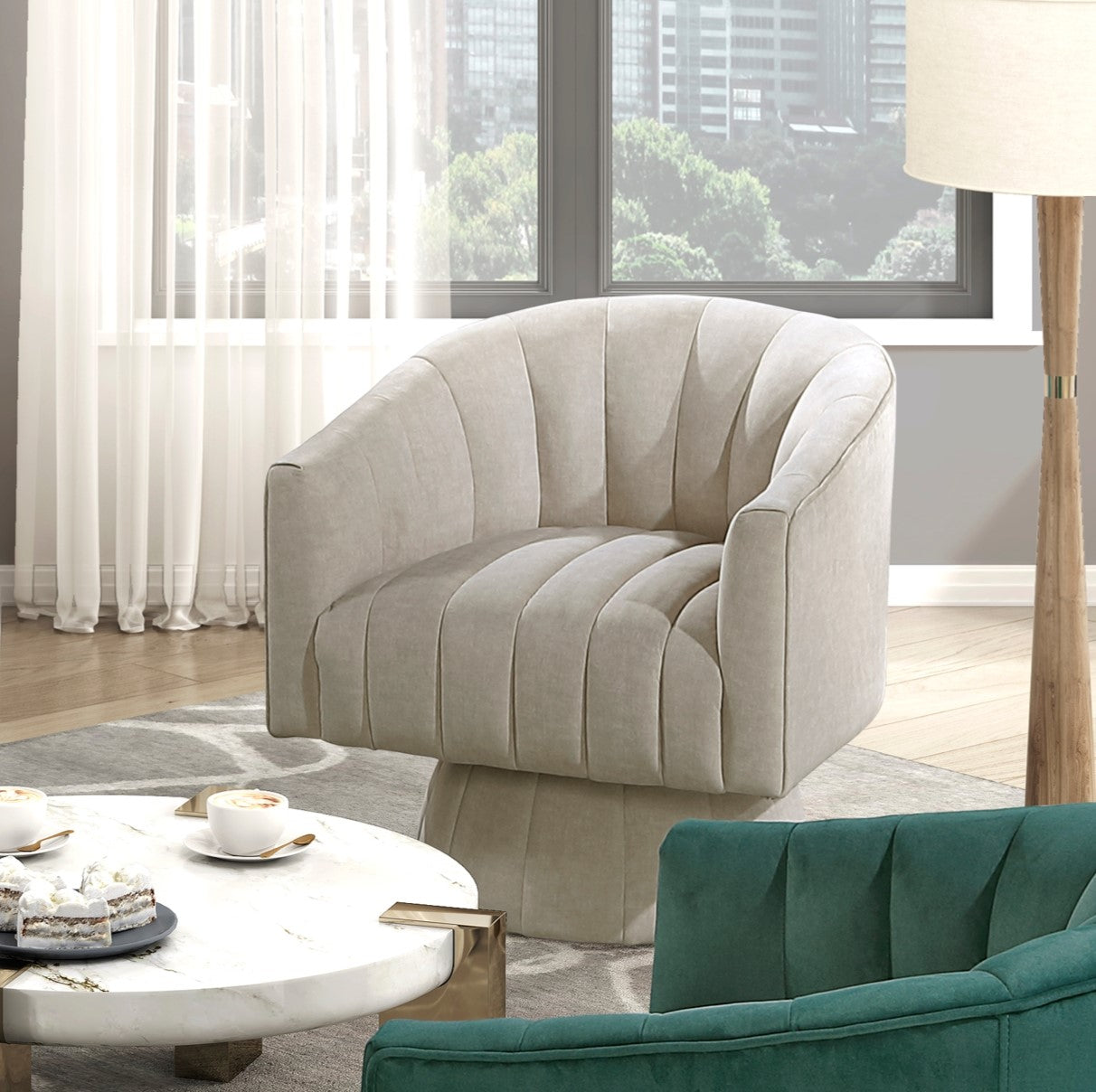 Dark Green Velvet Accent Chair Modern Luxury Living Room Furniture, 1pc Swivel Chair Comfortable Barrel Back