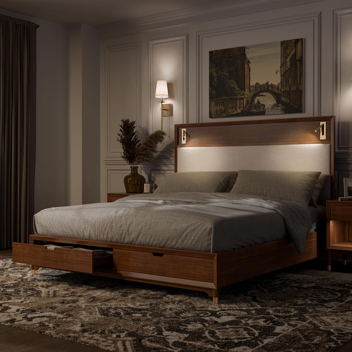 Edison Mid-Century Modern Upholstered Bed with Reading Light