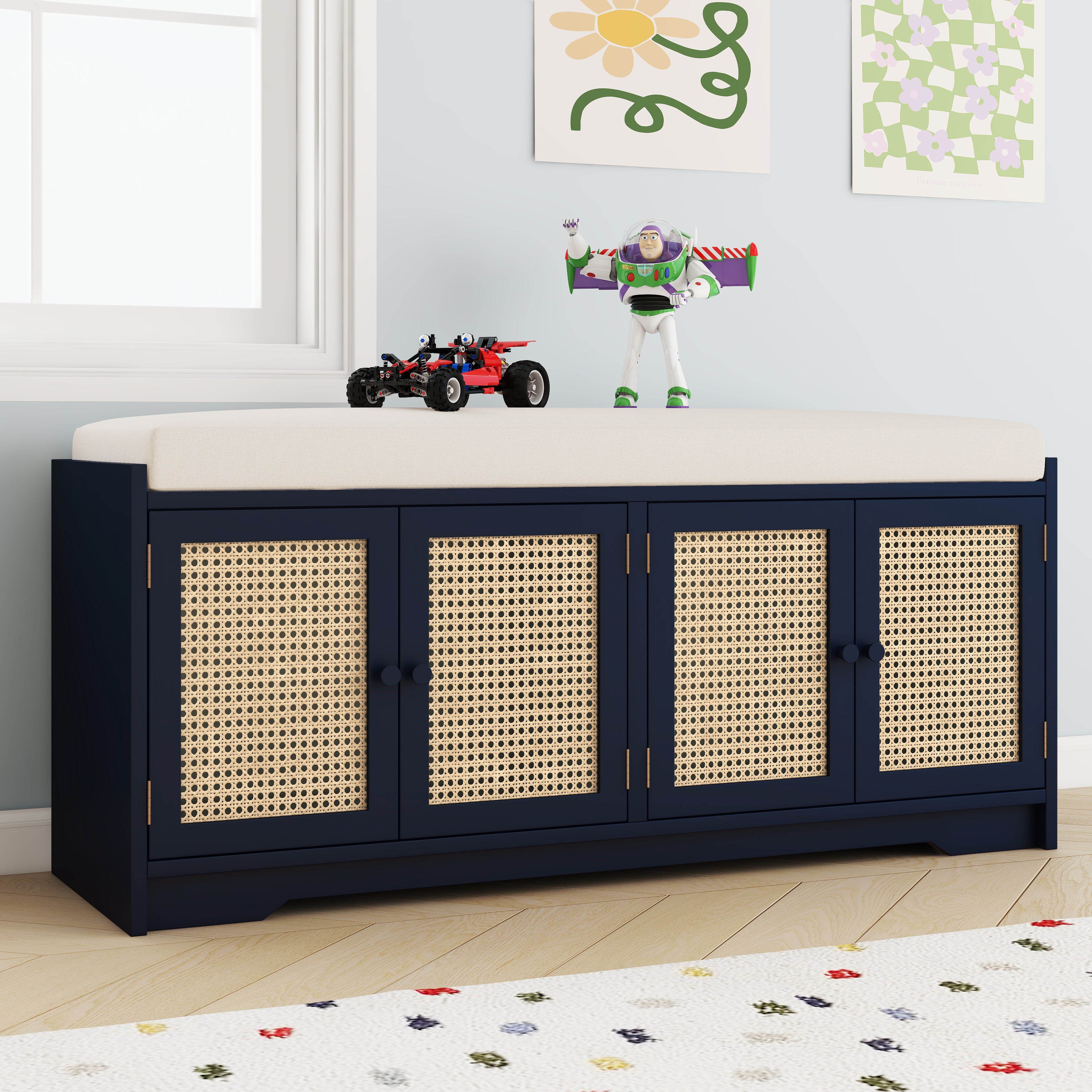 Upholstered Bench with Storage Cabinet and 4 Rattan Doors