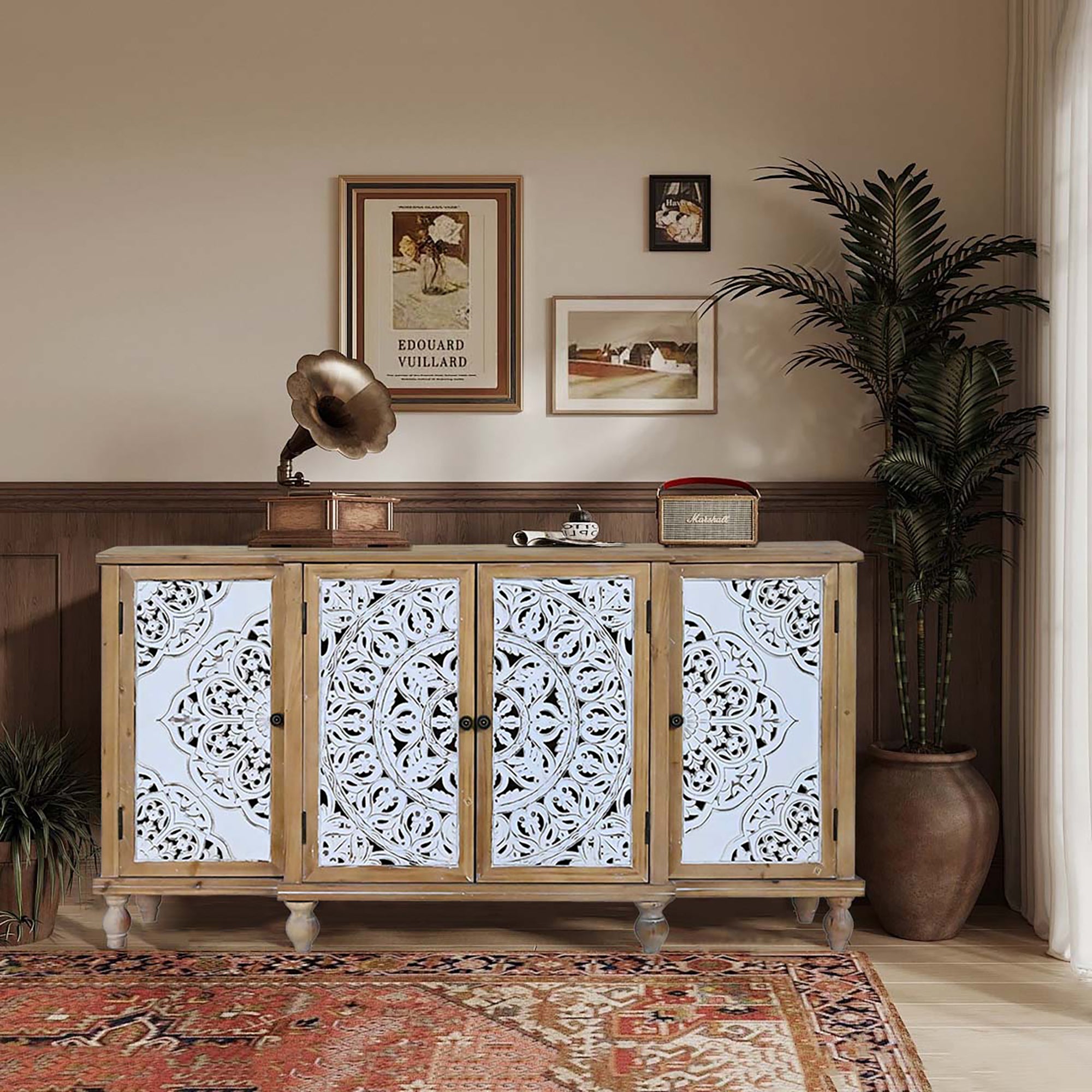4-Door Hollow-Carved Accent Cabinet with Adjustable Shelves