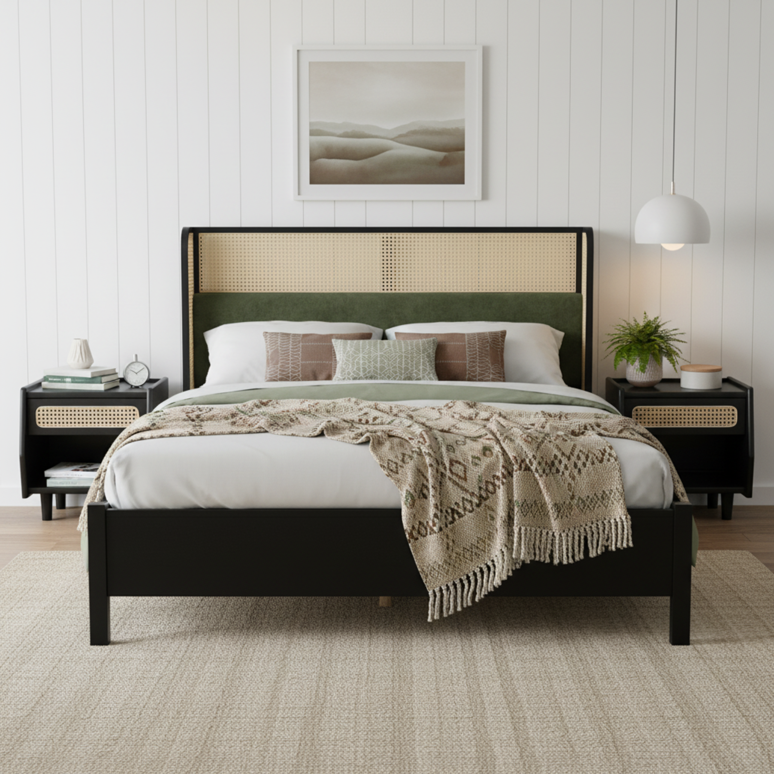 Bed Frame with Solid Wood Headboard, Black with Green