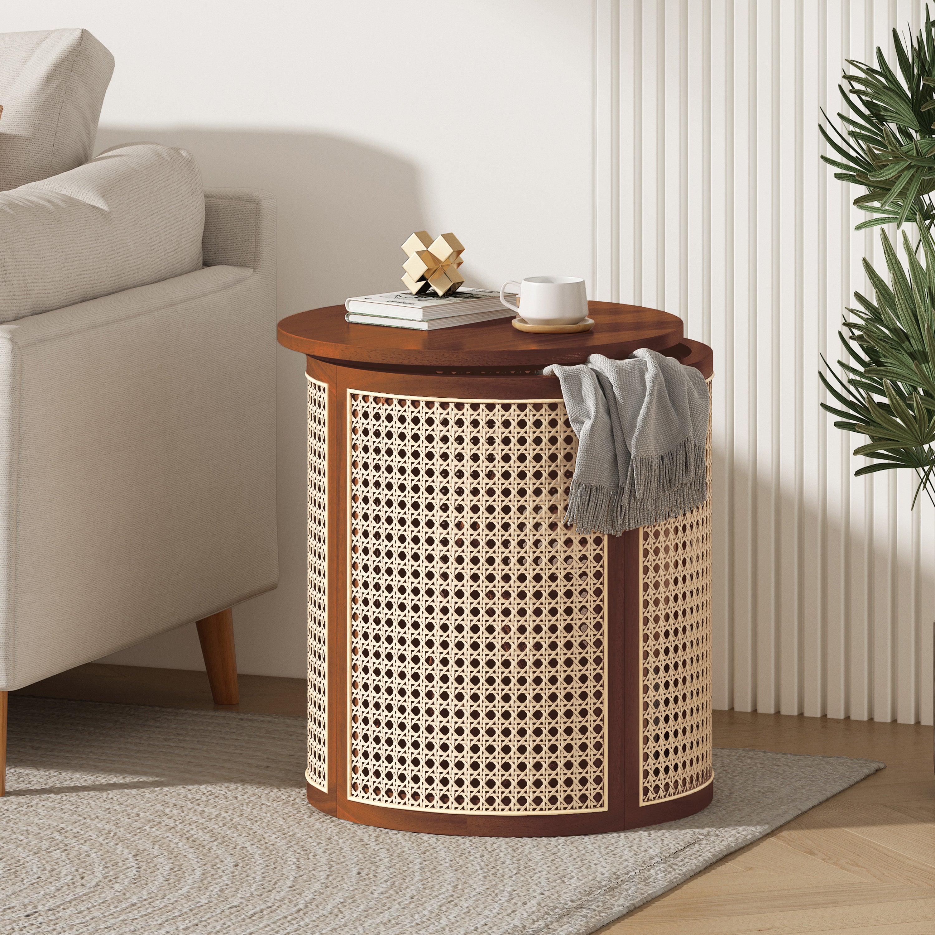 Round Rattan Pillar Storage Accent Table