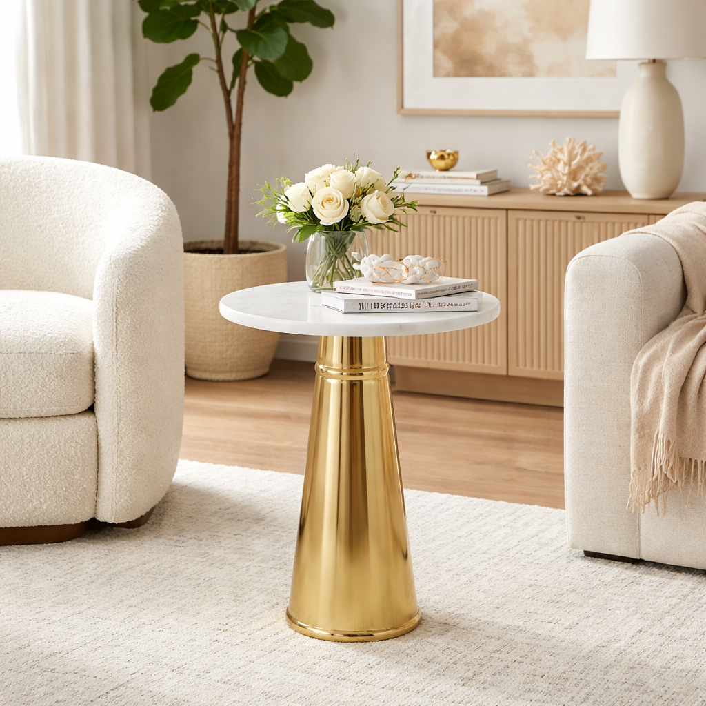 White Marble Top Side Table with Gold-Finished Metal Base