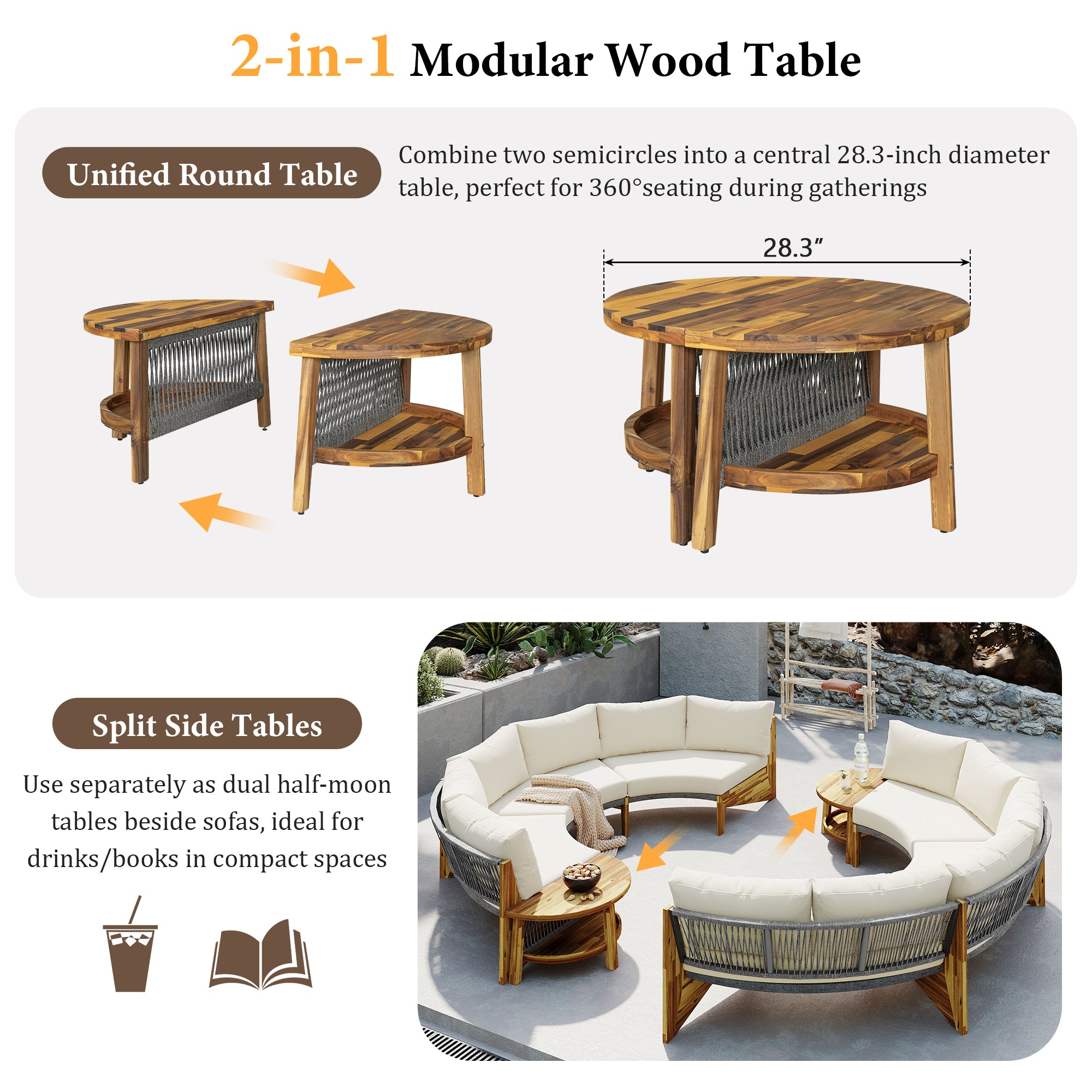 3-Piece Outdoor Semi-Circle Sofa Set for 6