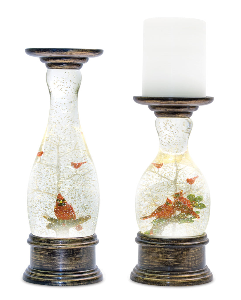 LED-Snow-Globe-Candle-Holder-Pillar-with-Cardinal-Birds-(Set-of-2)-Decor