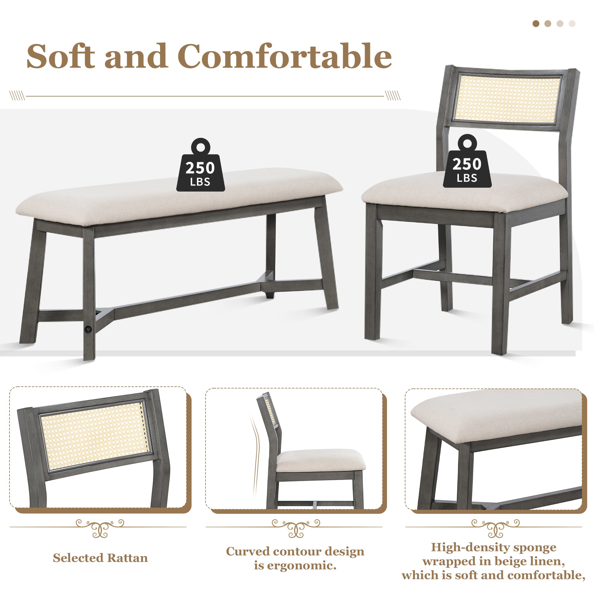 6-Piece Dining Set with Rectangular Table, 4 Upholstered Chairs and Bench