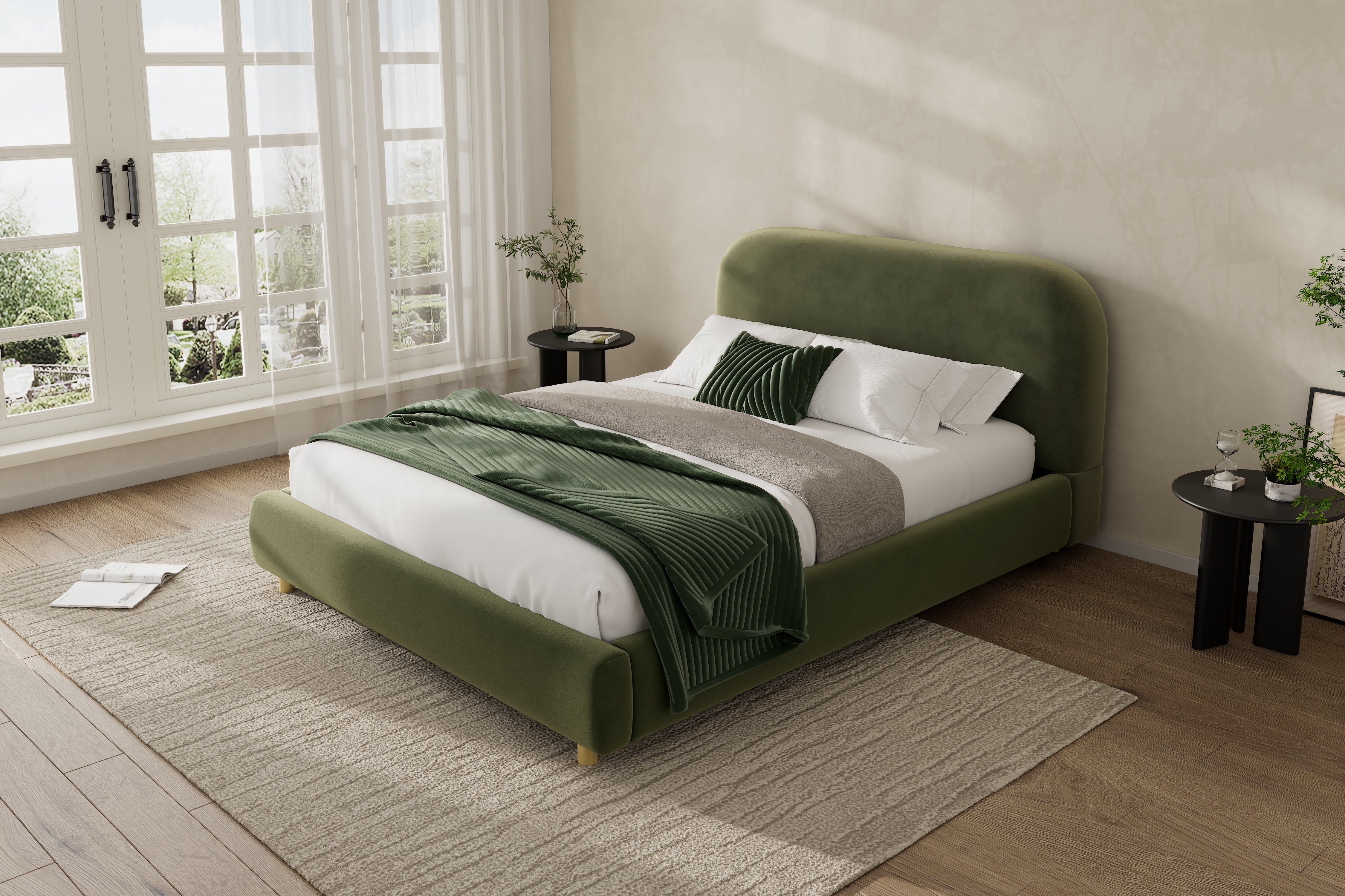 Olive Green Velvet Upholstered Platform Bed with Curve-Shaped Design Headboard