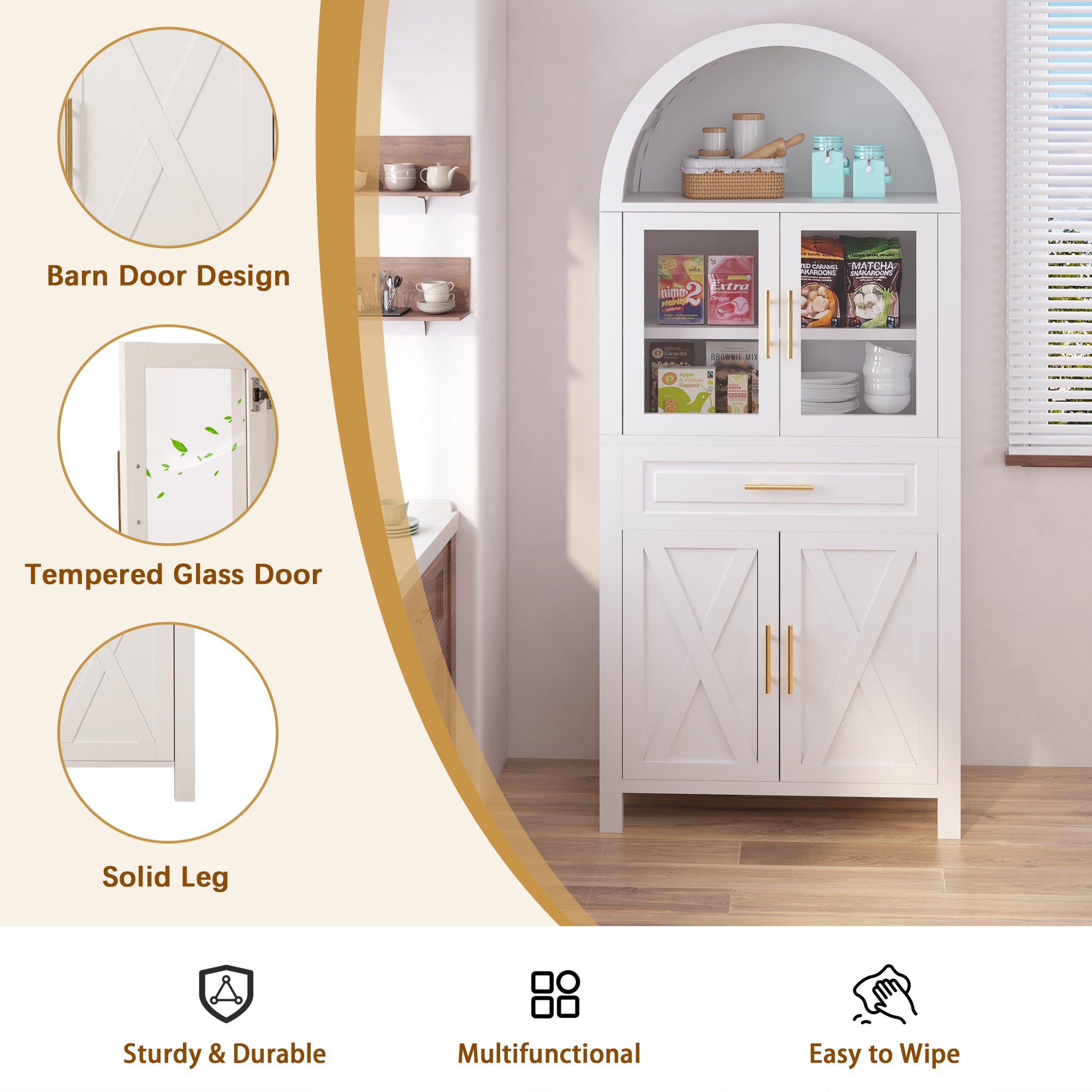 Farmhouse Arched Strage Cabinet with Glass Doors