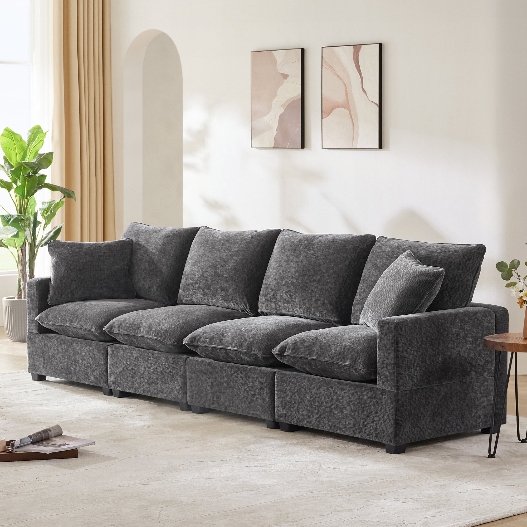 Chenille Modular Sofa with 2 Pillows, Seats 4