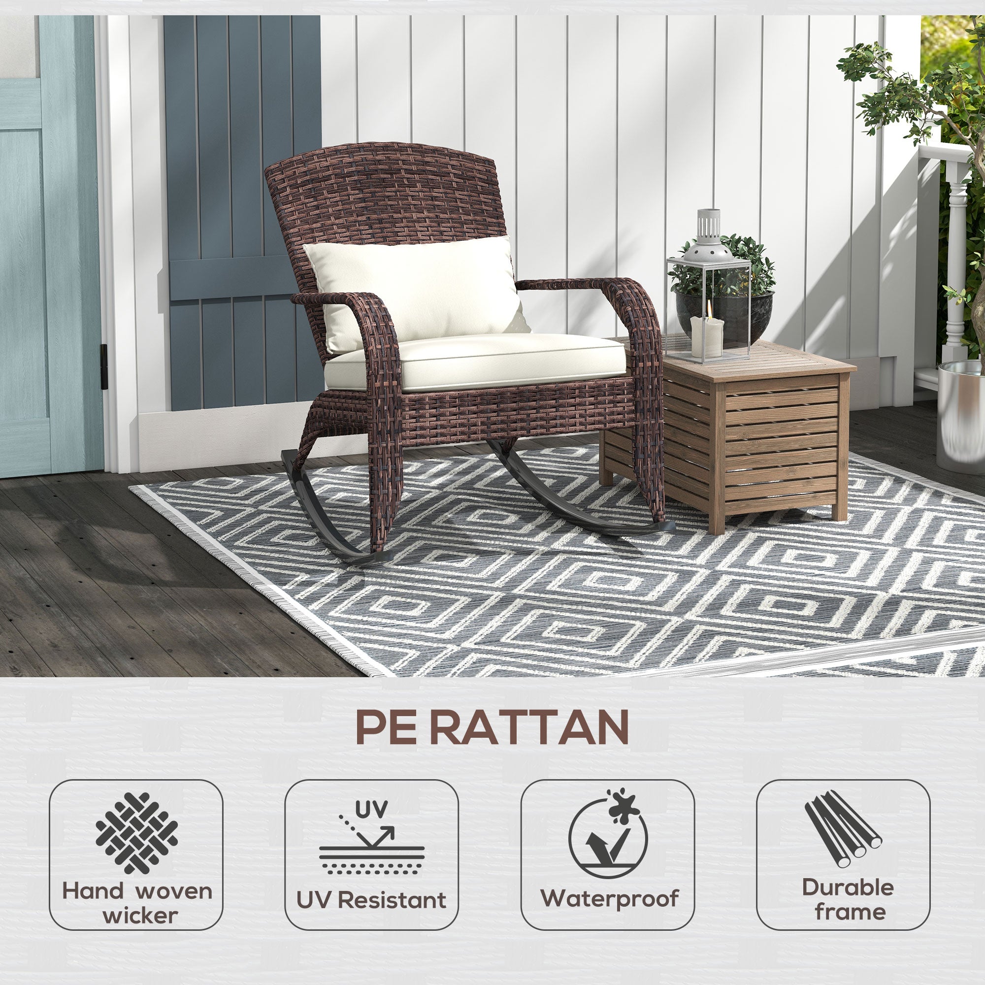 Outdoor Wicker Adirondack Rocking Chair with High Back & Seat Cushion