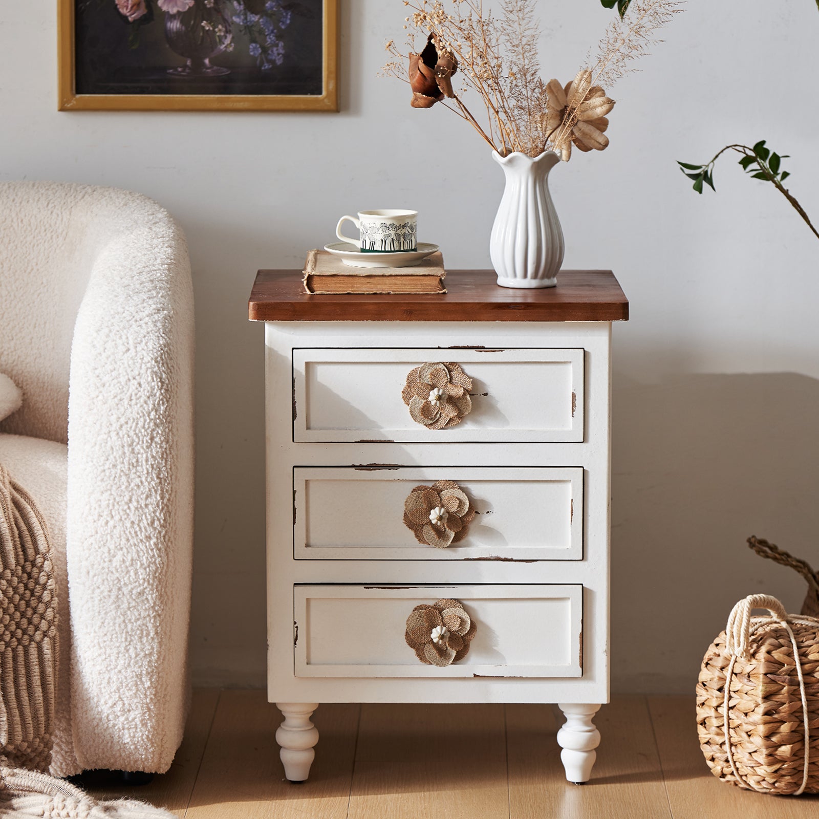 Vintage Farmhouse End Table with Floral Knobs