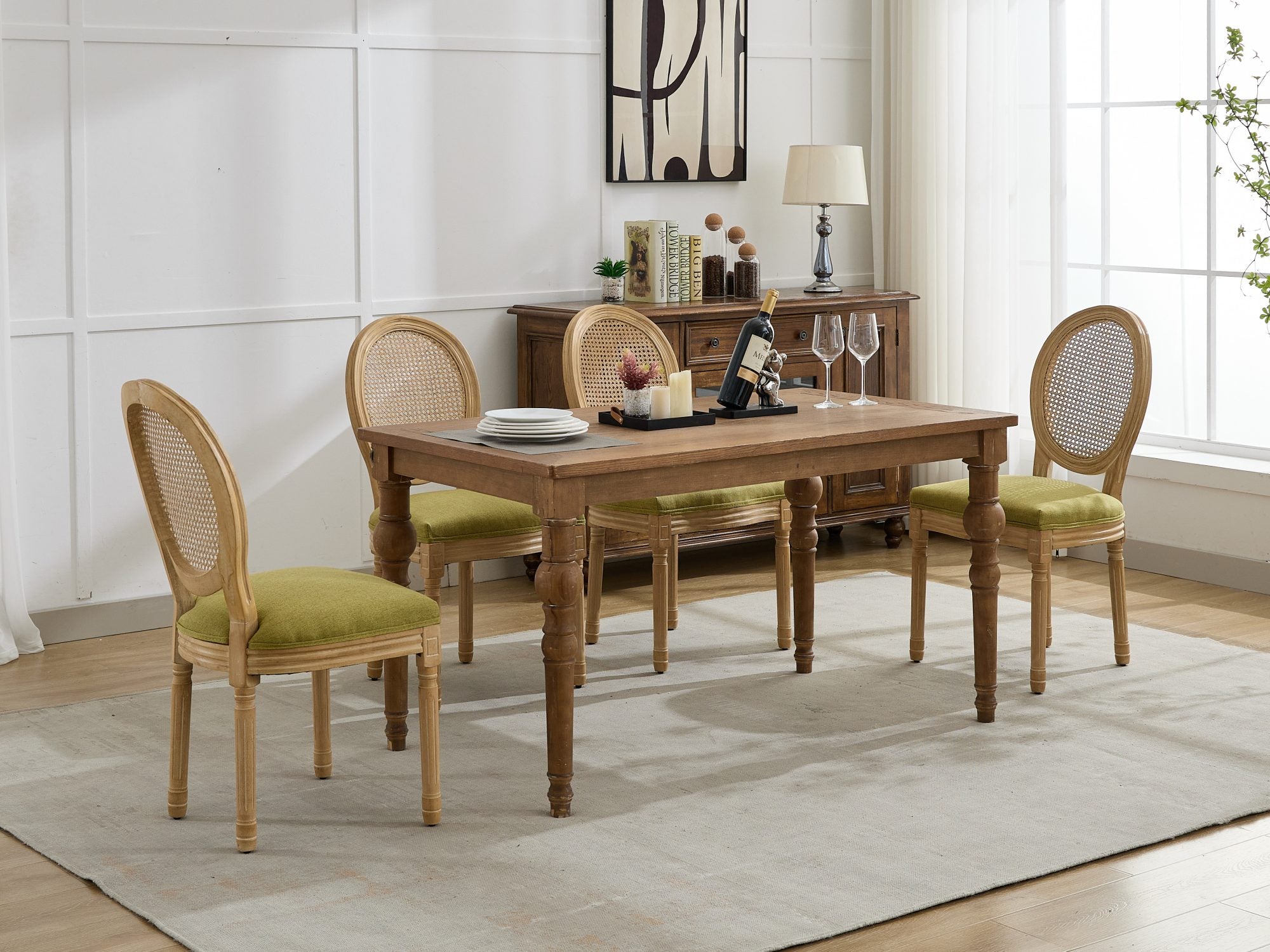 French Country Dining Chairs with Round Rattan Backrest, Set of 2