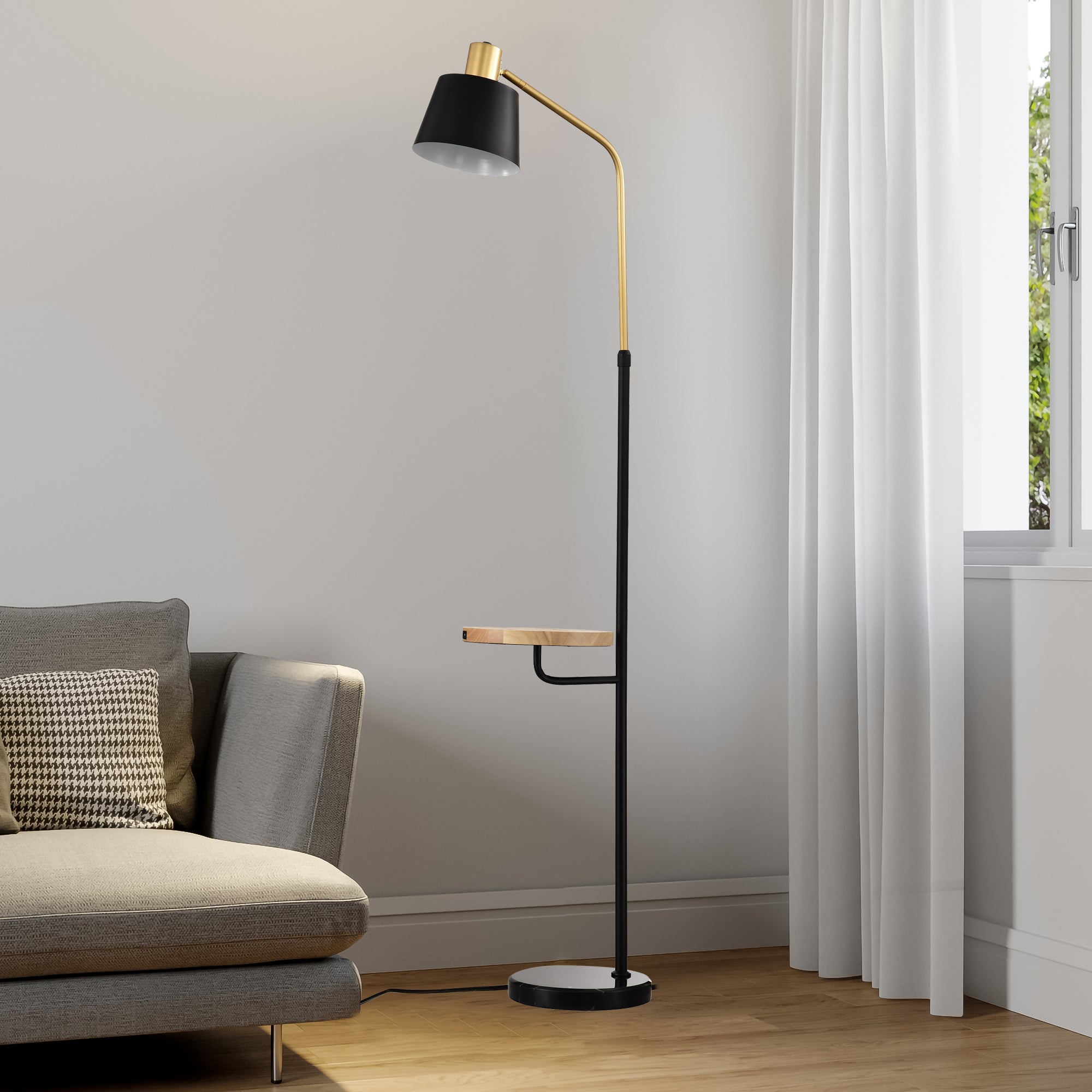 Floor Lamp with Wood Table and Built-in USB Charging Port