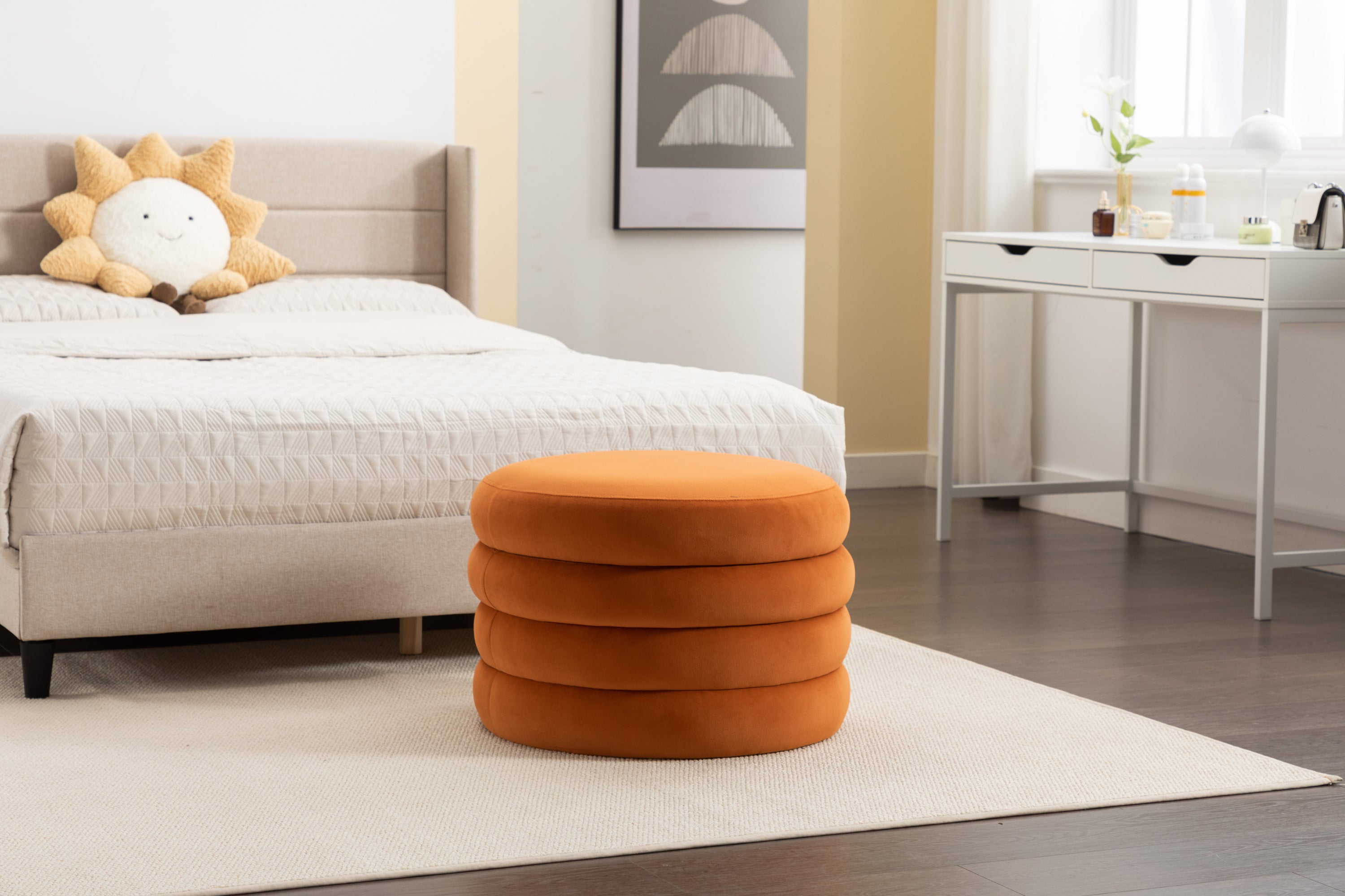 Boucle Storage Round Ottoman Footstool With Wooden Shelving