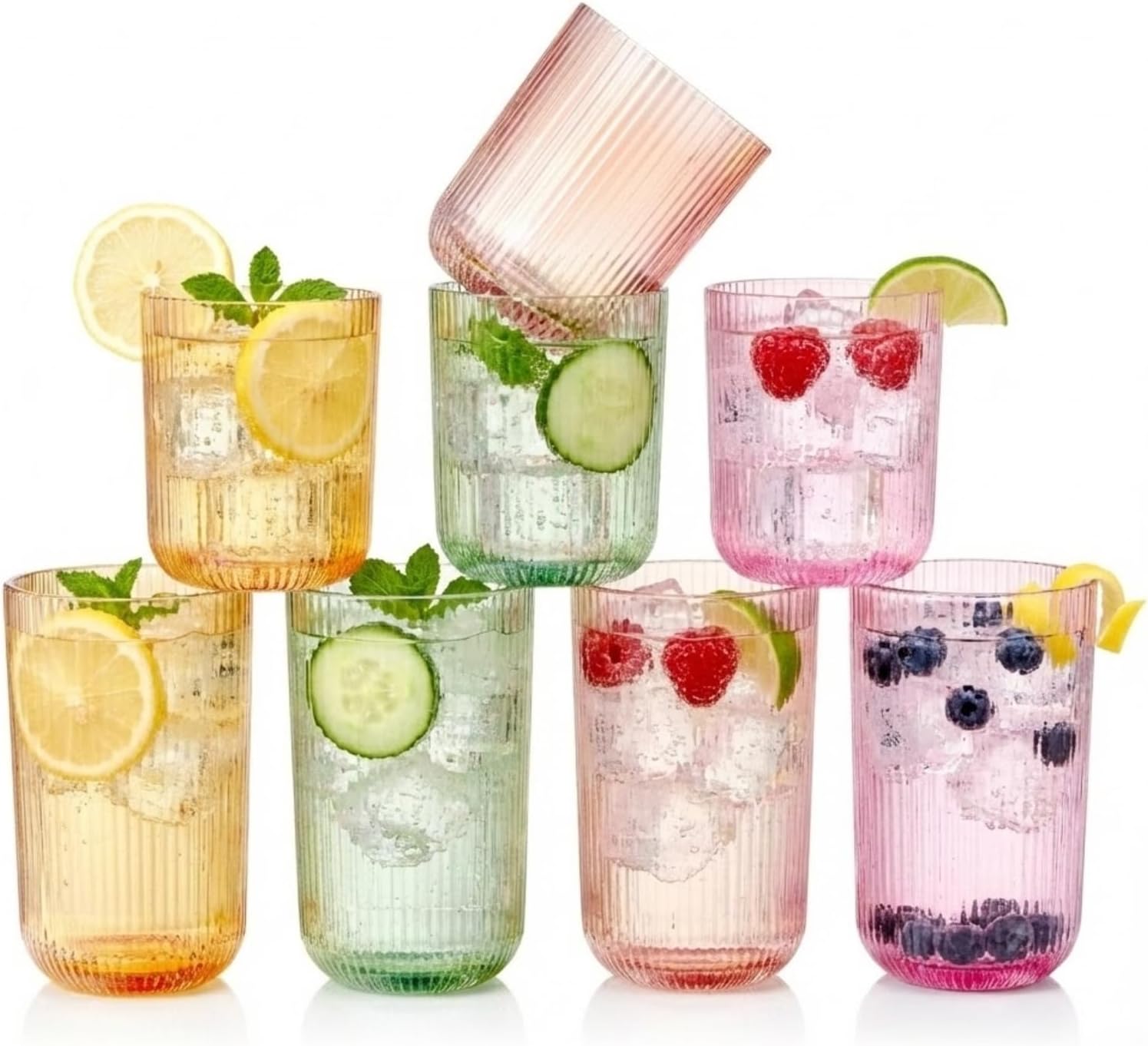 Ribbed Highball & Lowball Drinking Glasses, Set of 8