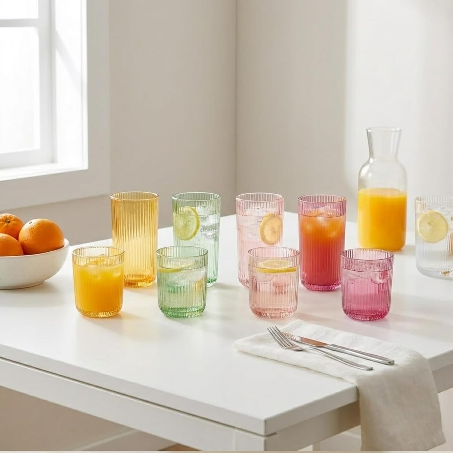 Ribbed Highball & Lowball Drinking Glasses, Set of 8