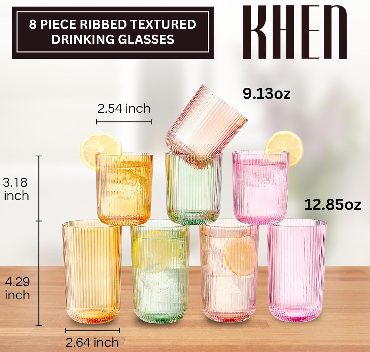 Ribbed Highball & Lowball Drinking Glasses, Set of 8