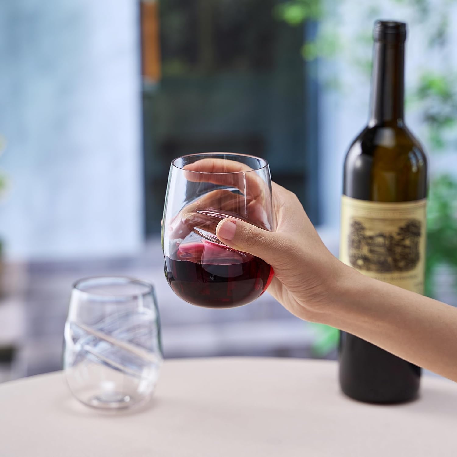 Barcelona Clear Acrylic Stemless Finger Indent Wine Glasses, Set of 2