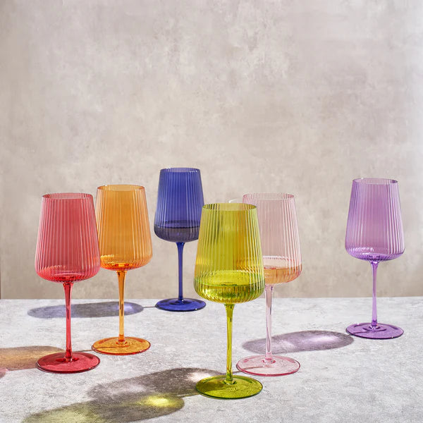 Rhea Ribbed Stemmed Wine Glasses Green, Set of 6