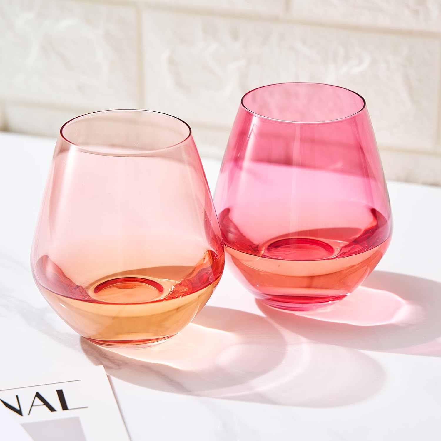 Flora Stemless Wine Glasses Coral & Fuchsia, Set of 2