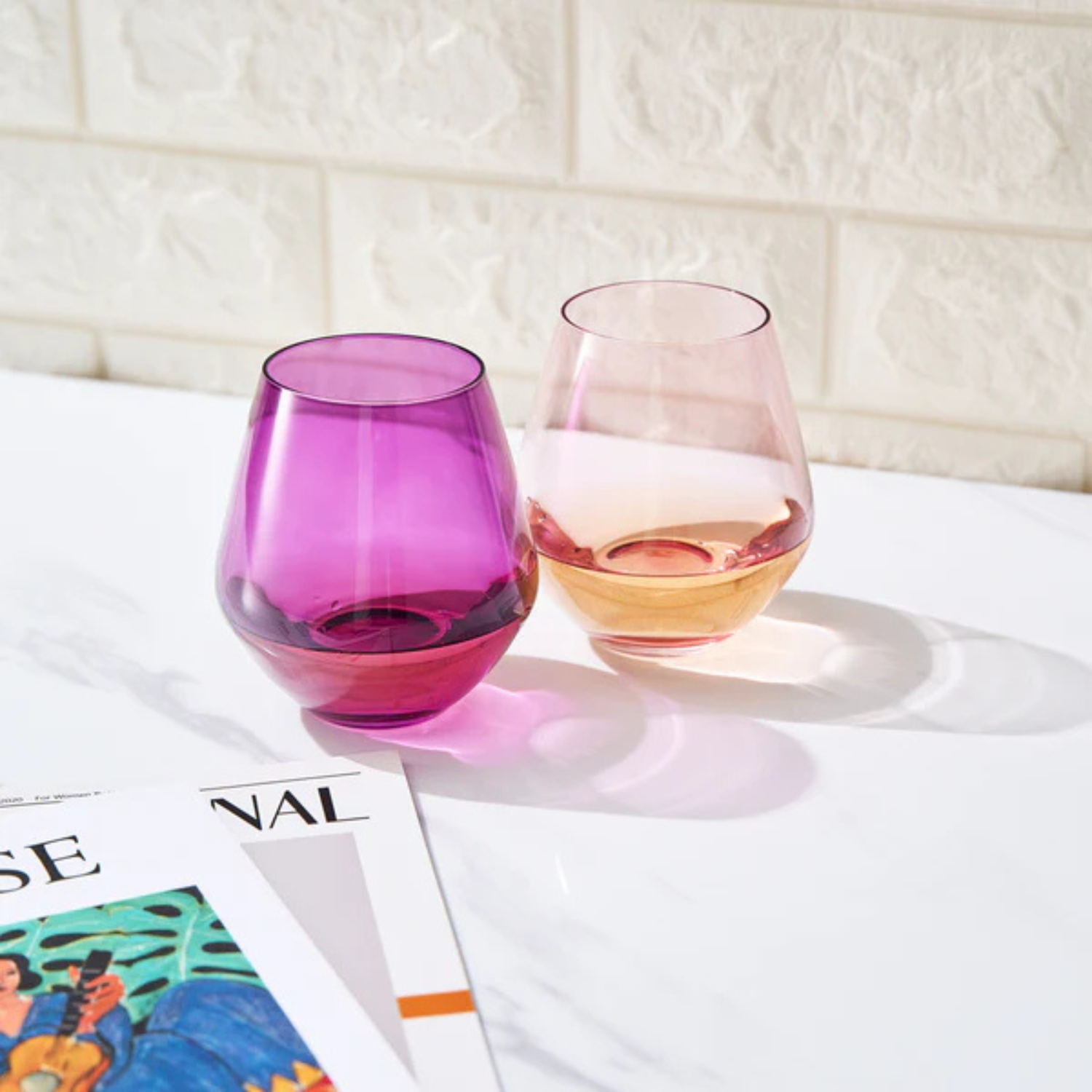 Flora Stemless Wine Glasses Purple & Rose, Set of 2
