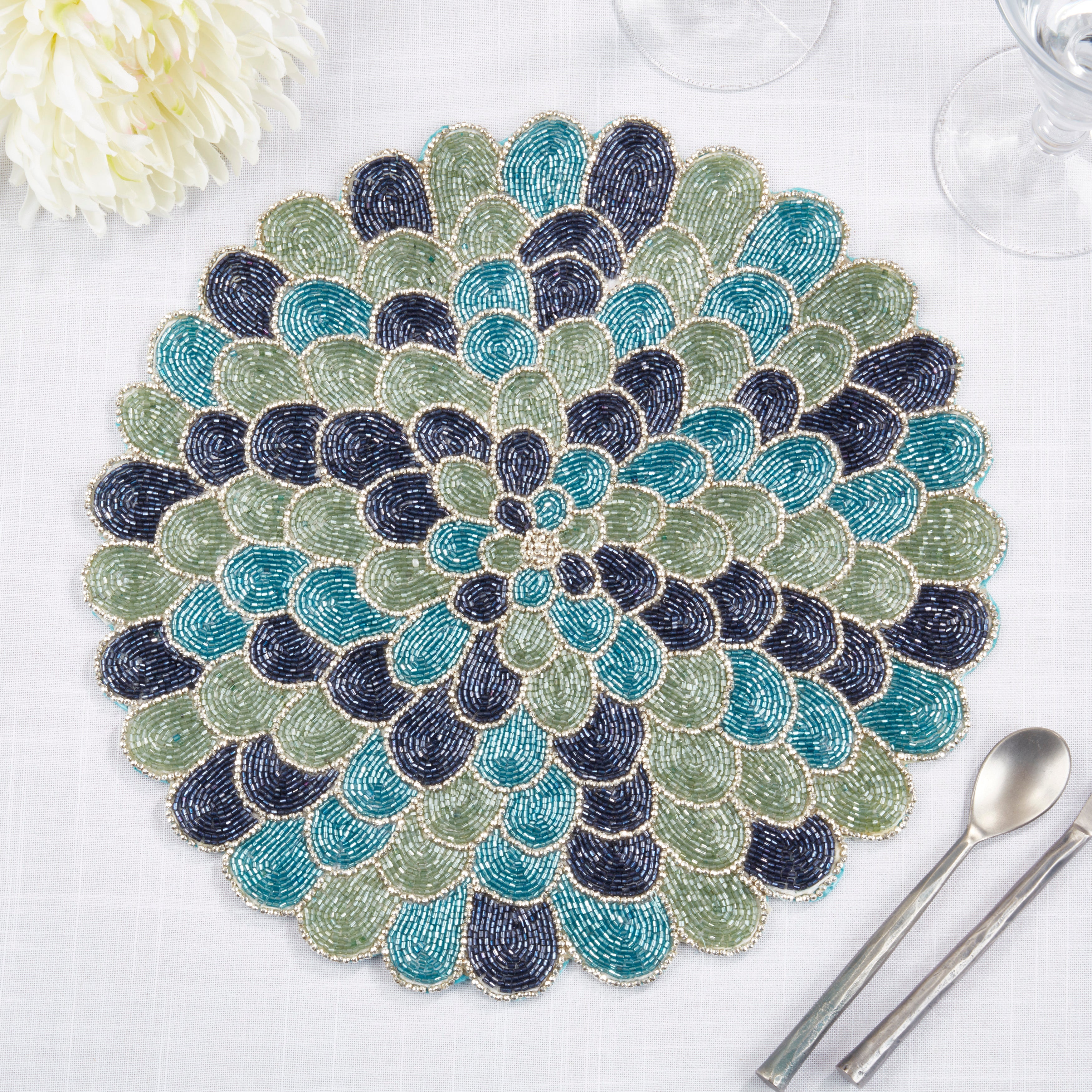 Peacock Glamour Beaded Placemat, Set of 4