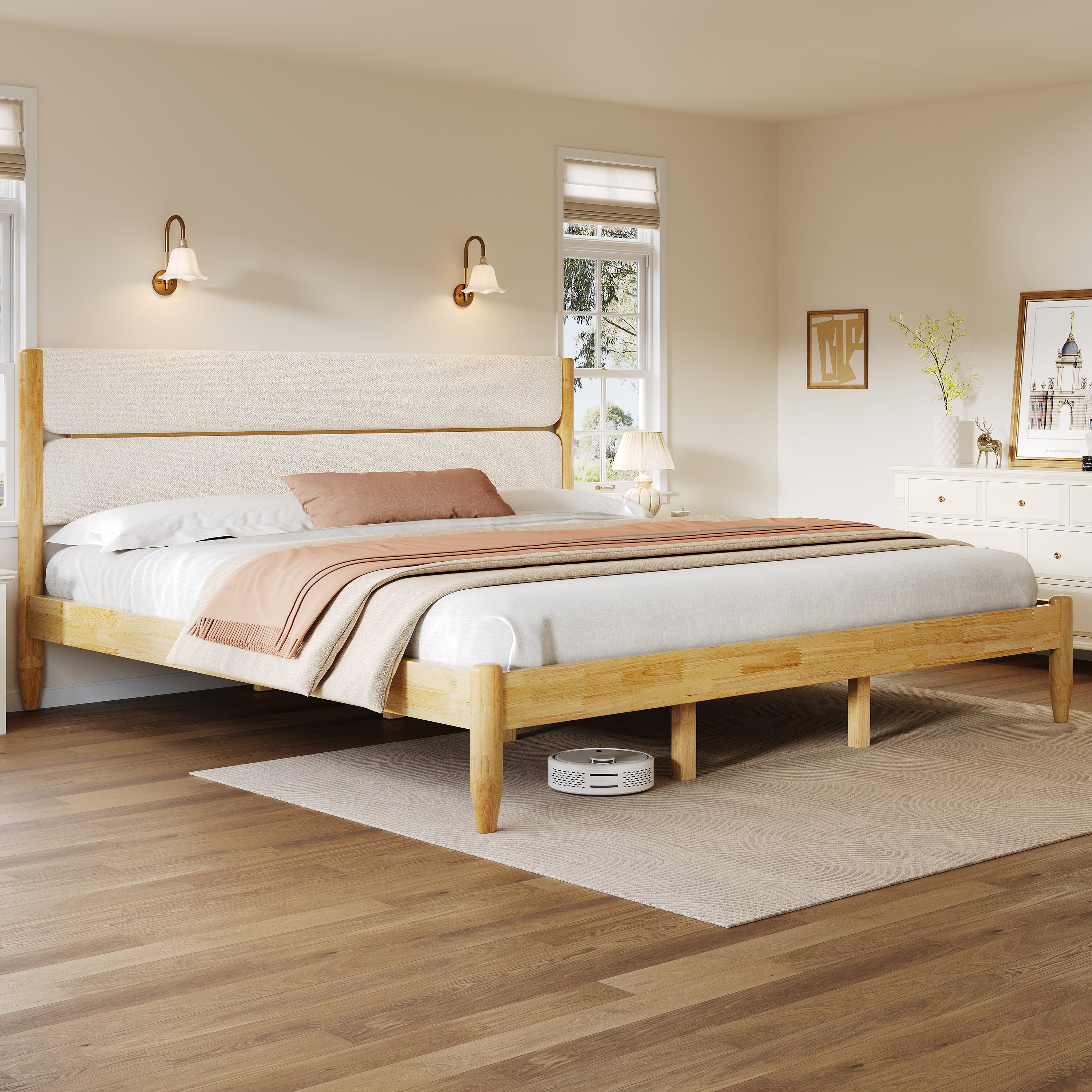 Solid Wood Bed Frame With Fleece Upholstered Headboard