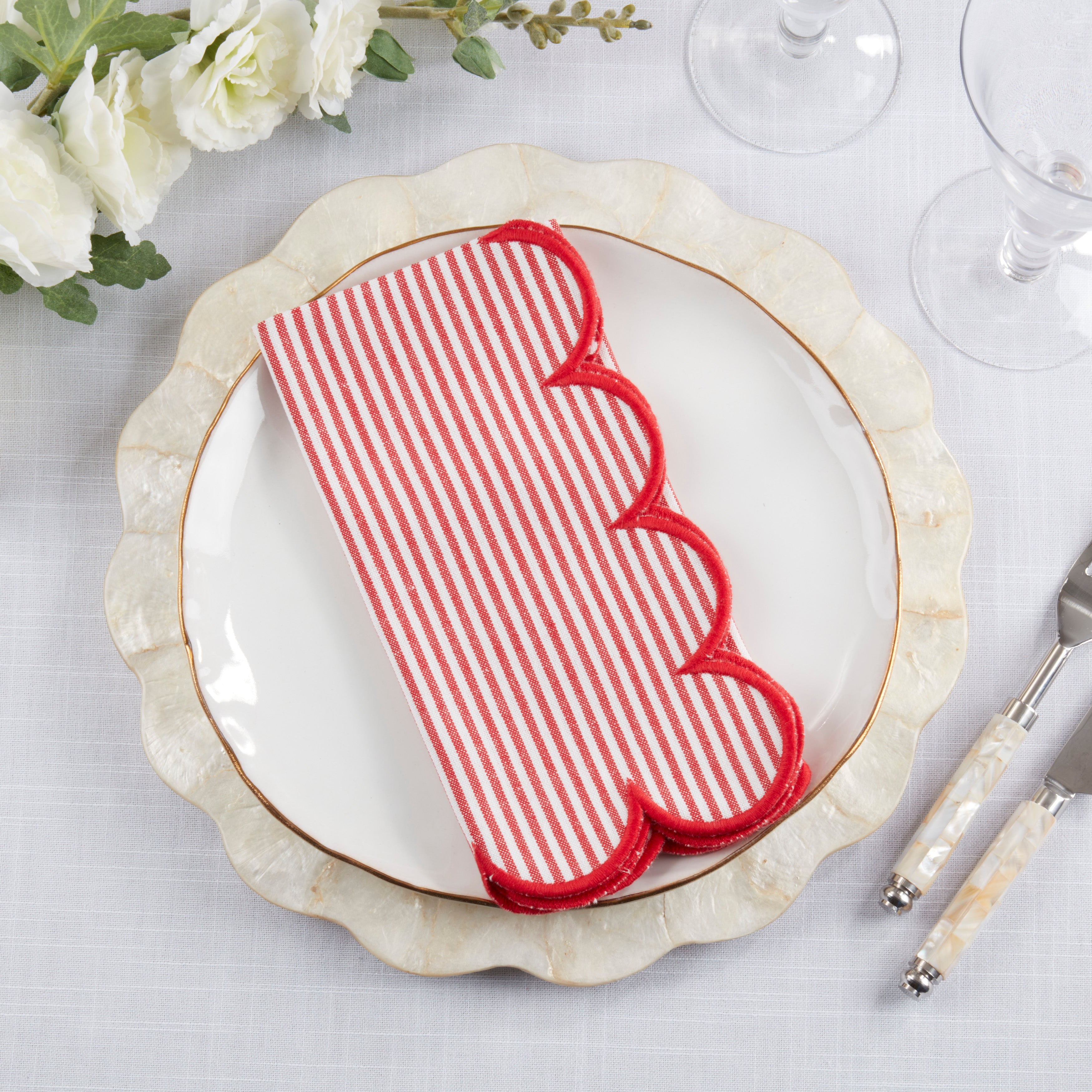 Striped Pattern Cotton Decorative Napkins with Finished Edge Detail, Set of 4
