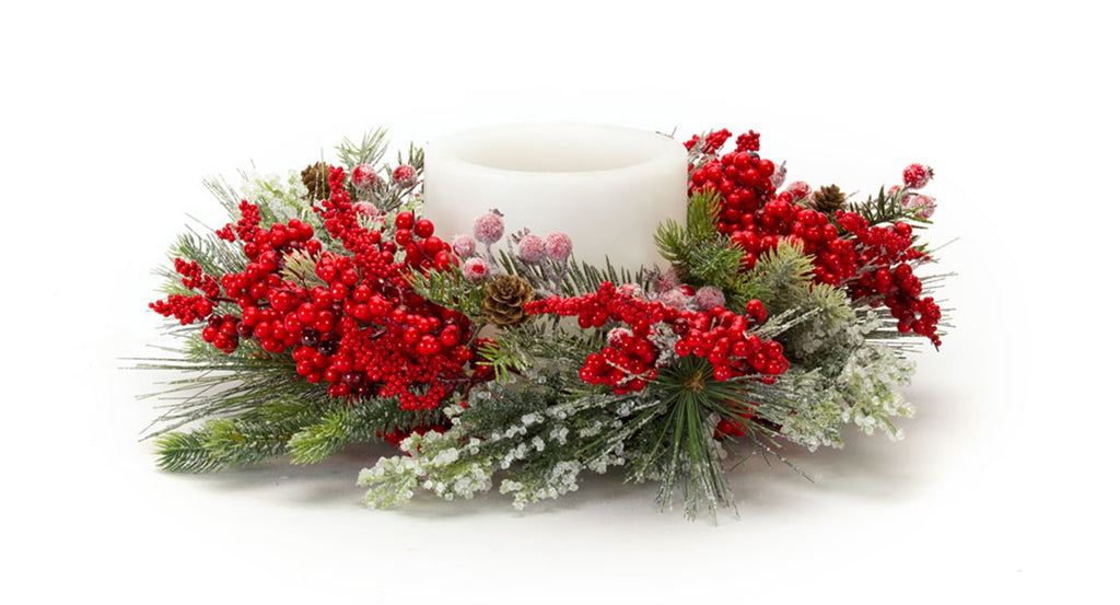 Frosted Pine and Mixed Berry Candle Ring Wreath 17"