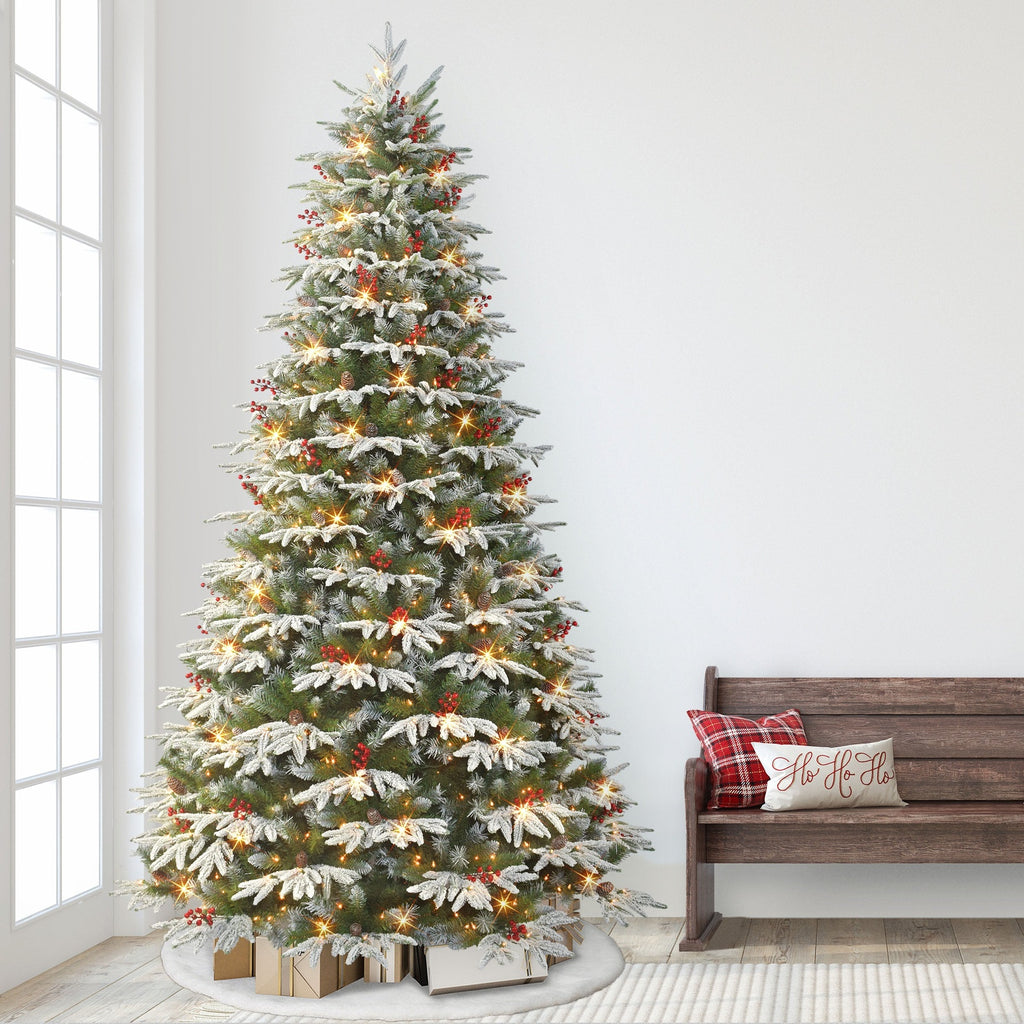 9 ft Pre-lit Flocked Halifax Fir Artificial Christmas Tree with Clear Lights, Pinecones and Red Berries & Metal Stand