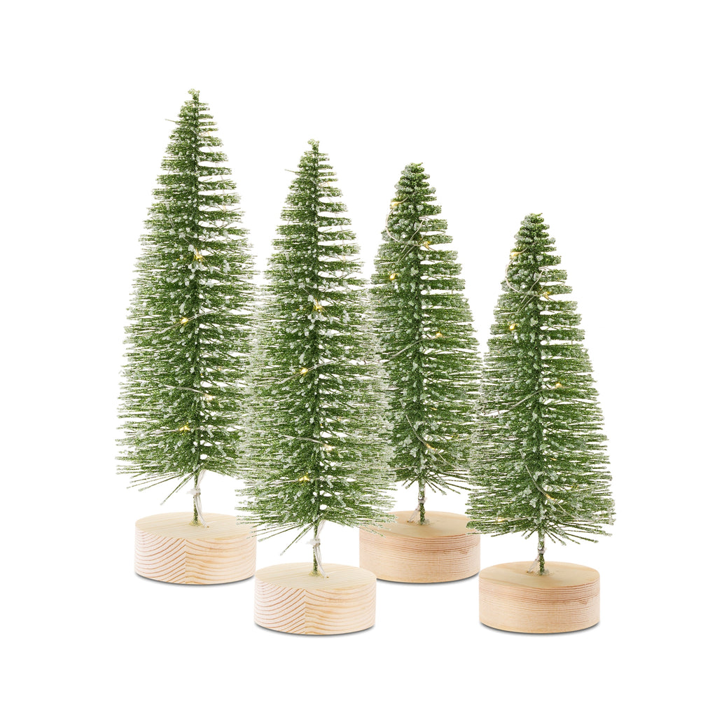 LED-Lighted-Green-Bottle-Brush-Tree-with-Wood-Base-and-Gold-Accent-(Set-of-4)-Decor