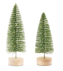 LED Lighted Green Bottle Brush Tree with Wood Base and Gold Accent, Set of 4