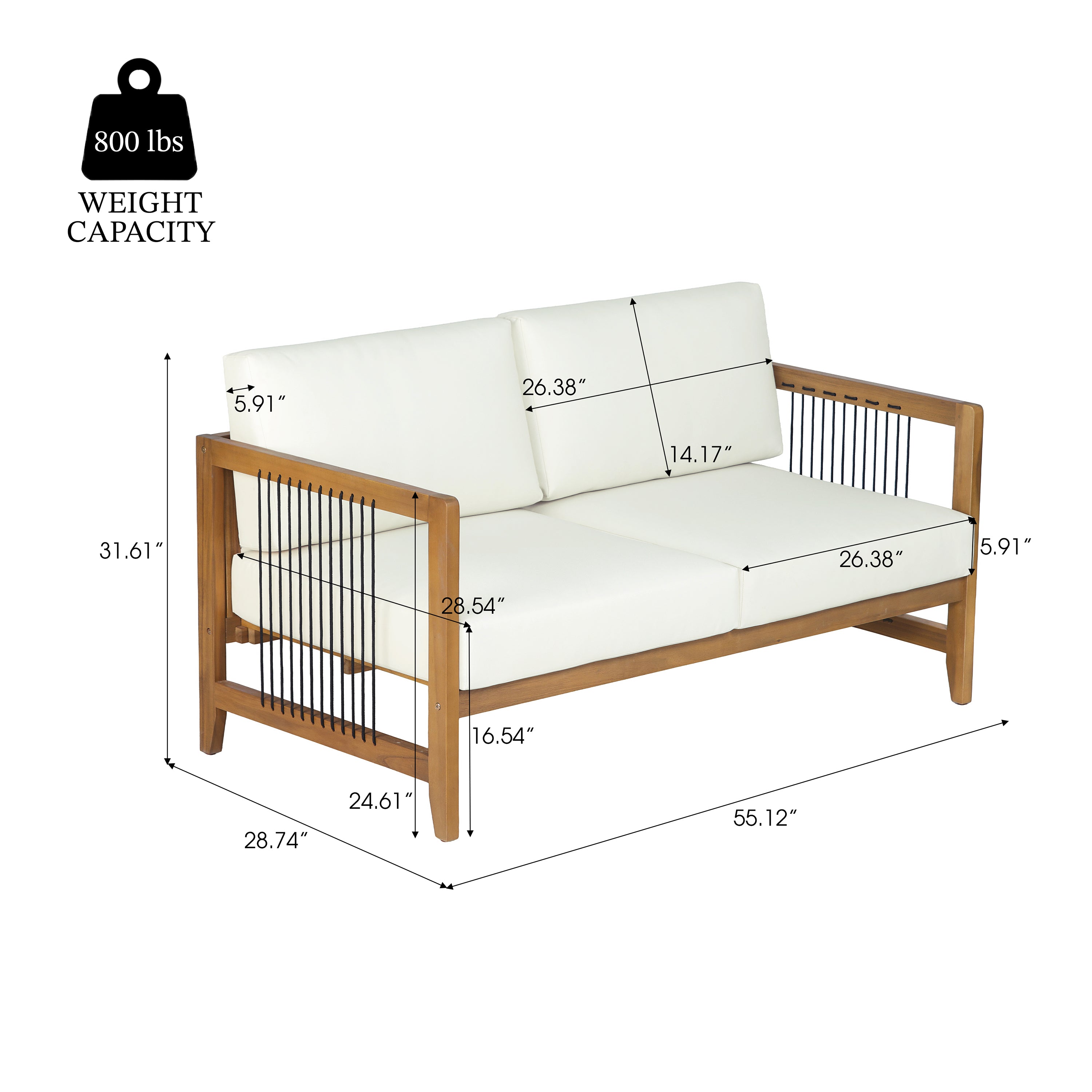Sierra Acacia Wood Outdoor Loveseat with Handwoven Rope, Patio 2-Seater Sofa with Removable Cushions